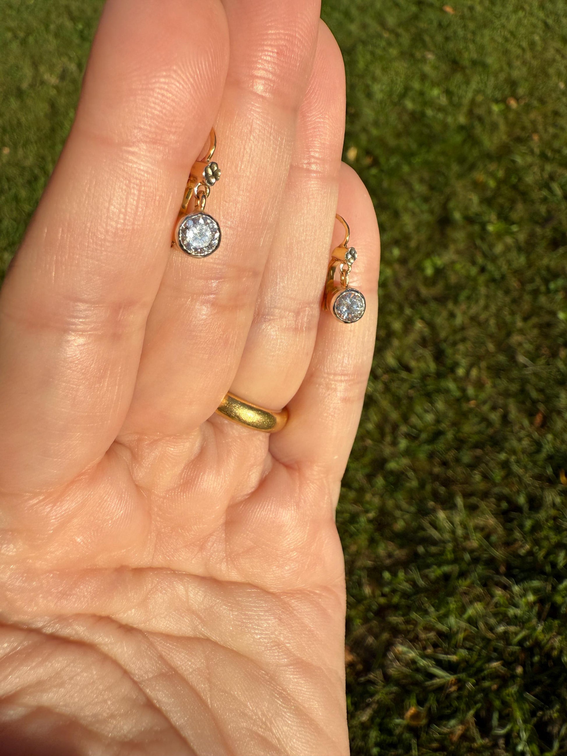 FRENCH Vintage 18k GOLD .75 Carat Tdw Transitional Cut Diamond Earrings Dangle Dormeuse Gift Belle Epoque Bridal Something Old Bezel Set