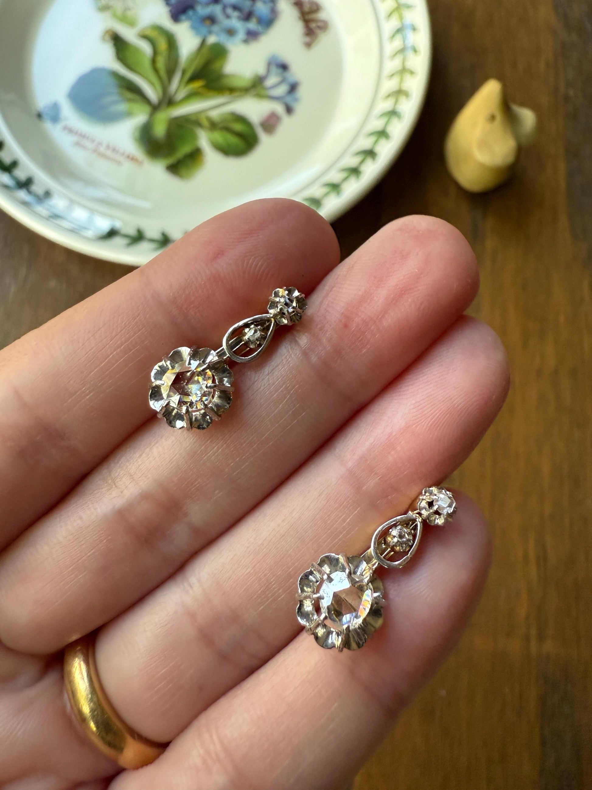 FRENCH Antique 18k GOLD Rose Cut Diamond Earrings Dangle Dormeuse Gift Belle Epoque Bridal Something Old Edwardian Teardrop Three Stone