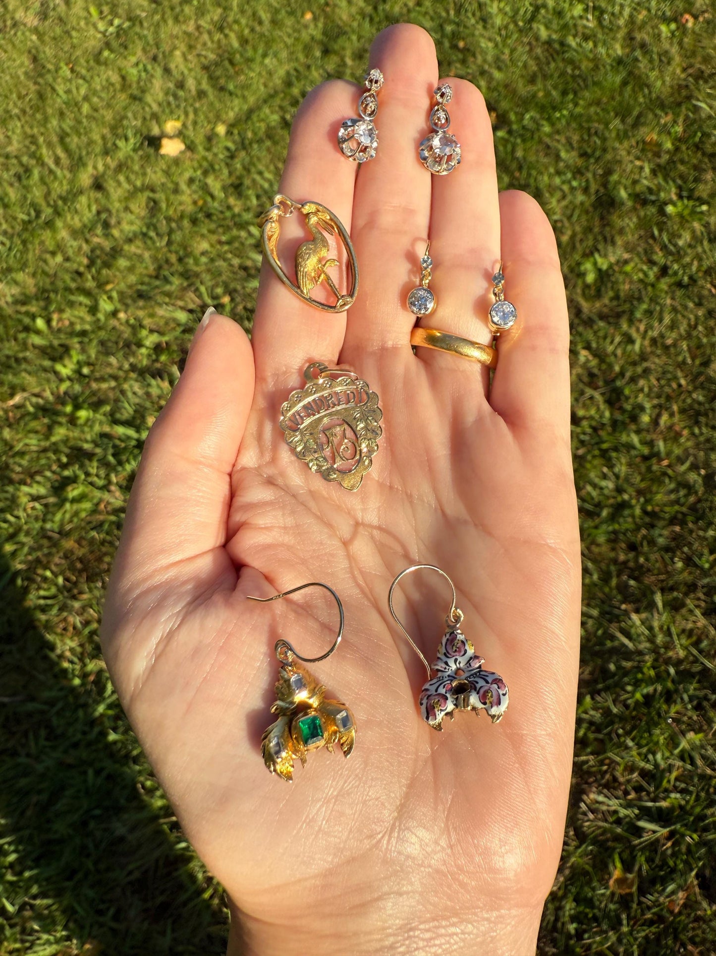 Antique EMERALD Table Cut DIAMOND Enamel Backed 18k Gold & 14k Dangle EARRINGS Georgian Renaissance Revival Green Unique Ooak One of a Kind