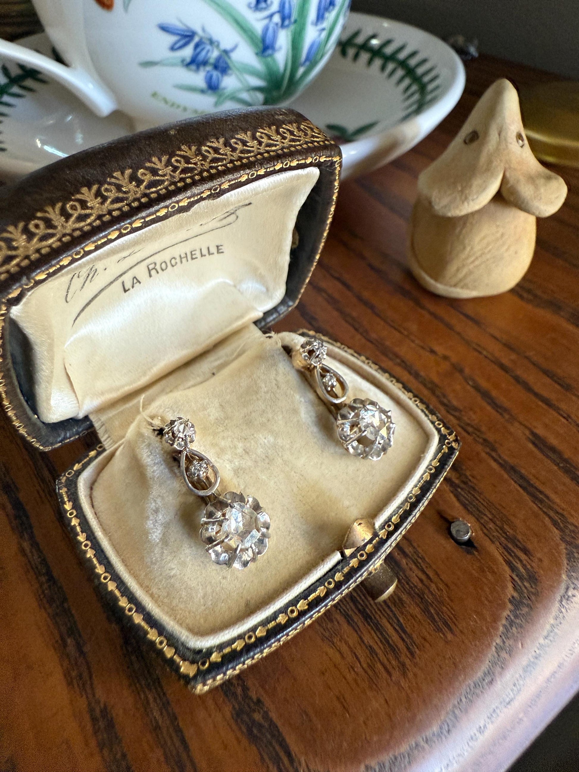 FRENCH Antique 18k GOLD Rose Cut Diamond Earrings Dangle Dormeuse Gift Belle Epoque Bridal Something Old Edwardian Teardrop Three Stone