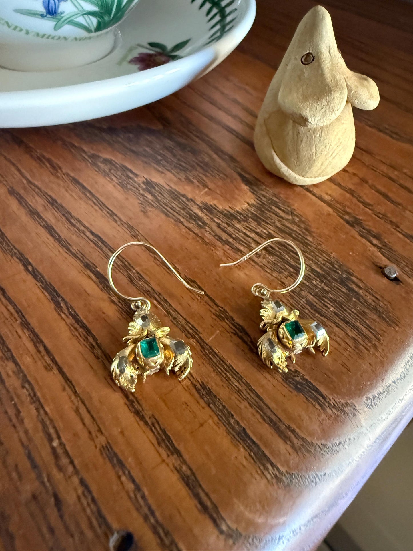 Antique EMERALD Table Cut DIAMOND Enamel Backed 18k Gold & 14k Dangle EARRINGS Georgian Renaissance Revival Green Unique Ooak One of a Kind