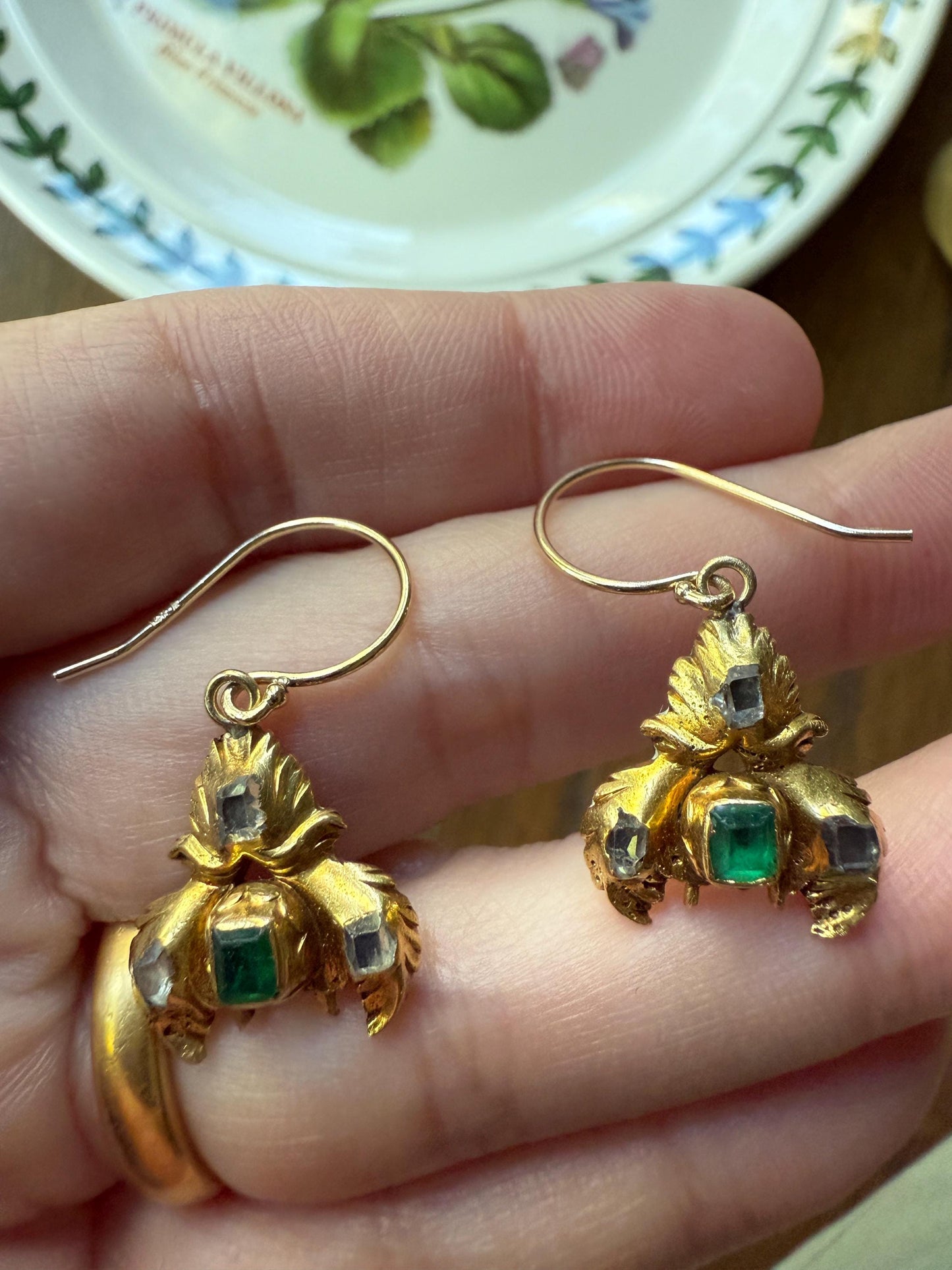 Antique EMERALD Table Cut DIAMOND Enamel Backed 18k Gold & 14k Dangle EARRINGS Georgian Renaissance Revival Green Unique Ooak One of a Kind