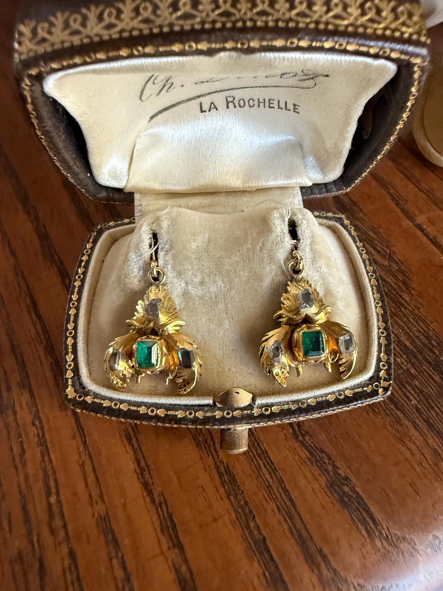 Antique EMERALD Table Cut DIAMOND Enamel Backed 18k Gold & 14k Dangle EARRINGS Georgian Renaissance Revival Green Unique Ooak One of a Kind