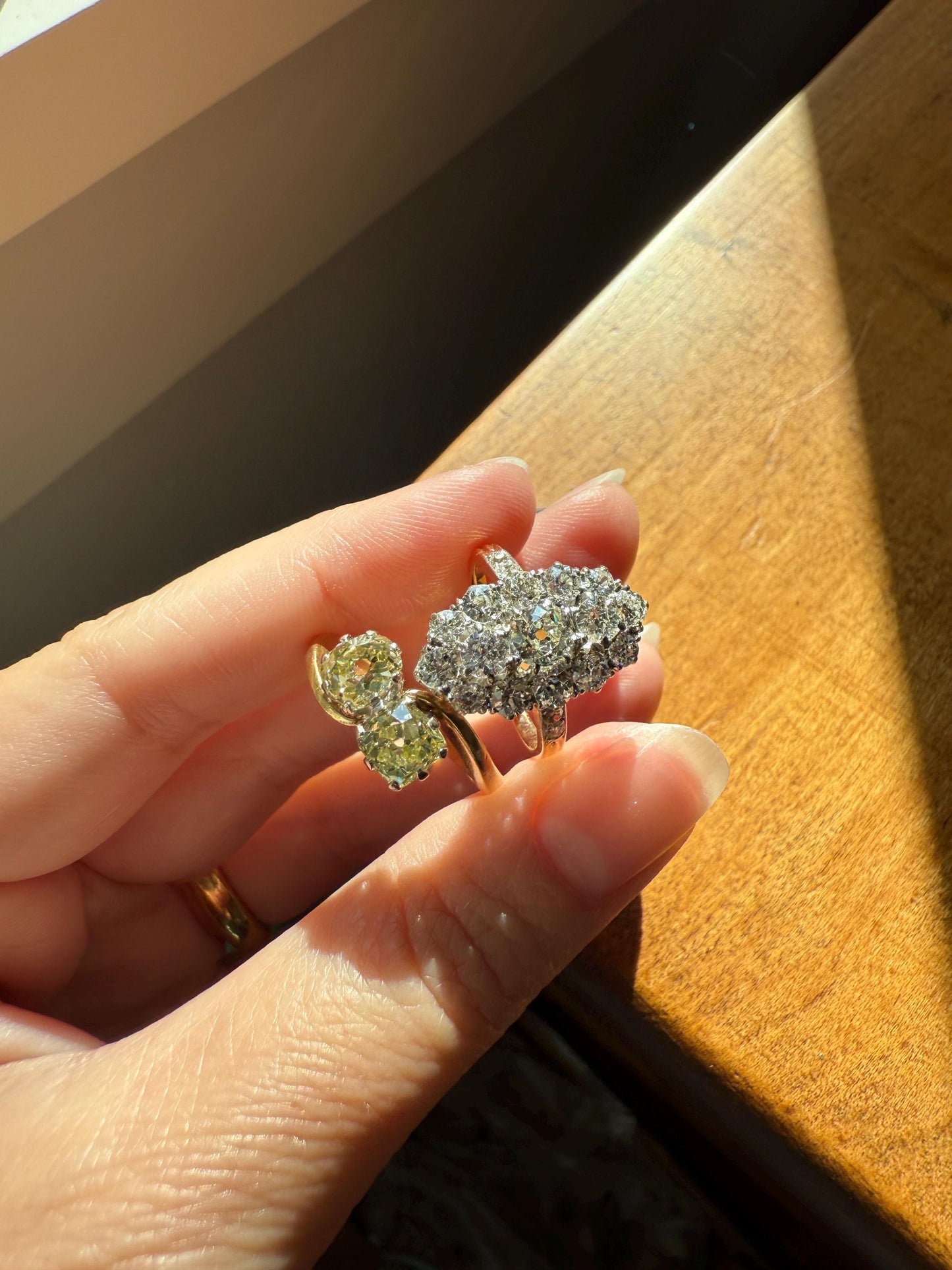 Antique Toi et Moi 2.1 CARAT Old Mine Cut DIAMOND Fancy Light Yellow Chunky 2 Stone Ring 18k Gold Angled Swirl Band Stacker c1901 Victorian