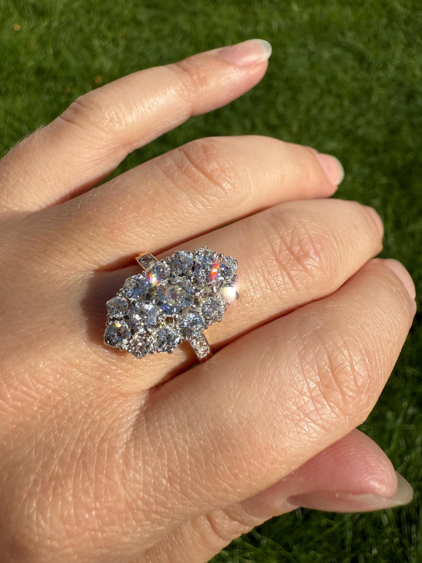 Antique 2.5 Carat Old Mine & European Cut DIAMOND Oval Navette Cluster Ring French 18k Gold Platinum Victorian Belle Epoque Ct OMC