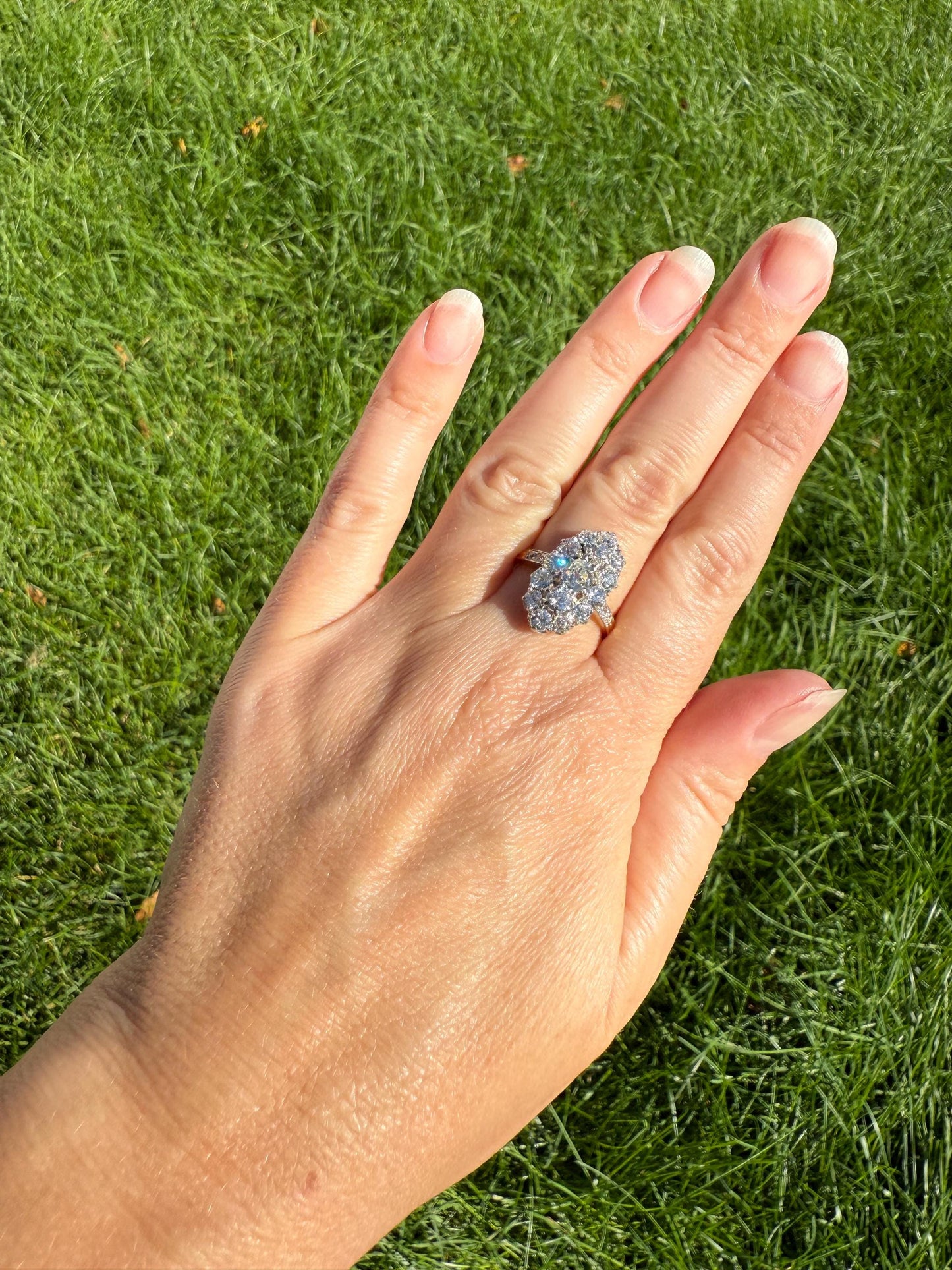 Antique 2.5 Carat Old Mine & European Cut DIAMOND Oval Navette Cluster Ring French 18k Gold Platinum Victorian Belle Epoque Ct OMC