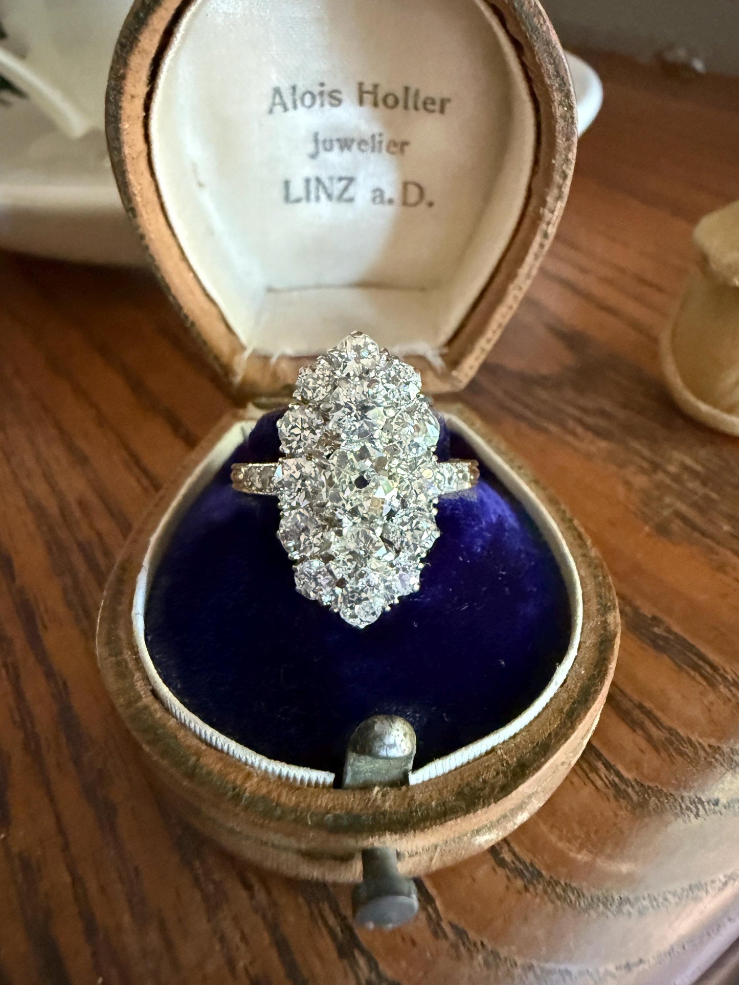 Antique 2.5 Carat Old Mine & European Cut DIAMOND Oval Navette Cluster Ring French 18k Gold Platinum Victorian Belle Epoque Ct OMC