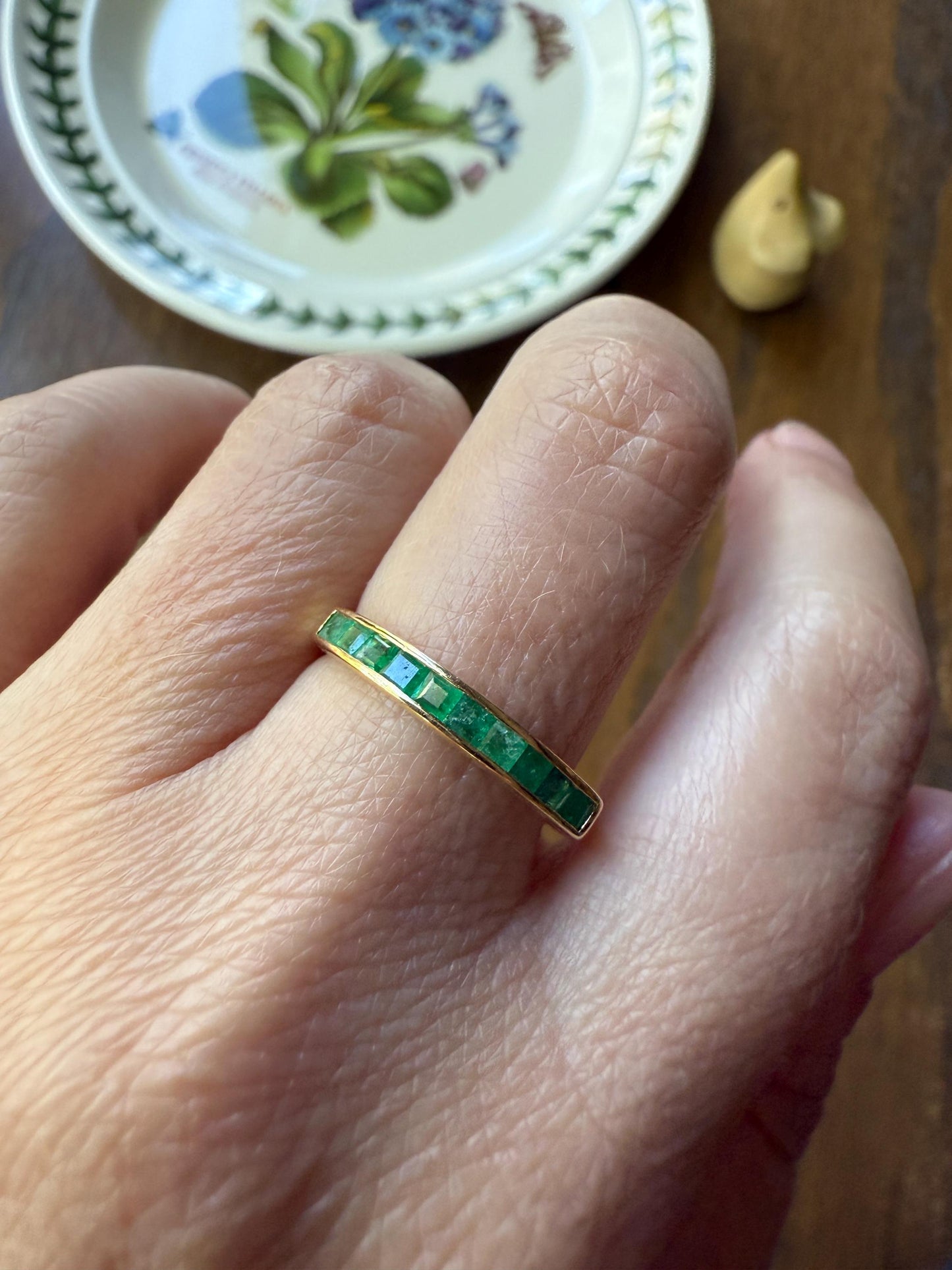 Vintage Channel Set Emerald Half Hoop Eternity Band Ring 18k Gold Skinny Line Stacker Romantic Gift Green Pair Sapphire Avail