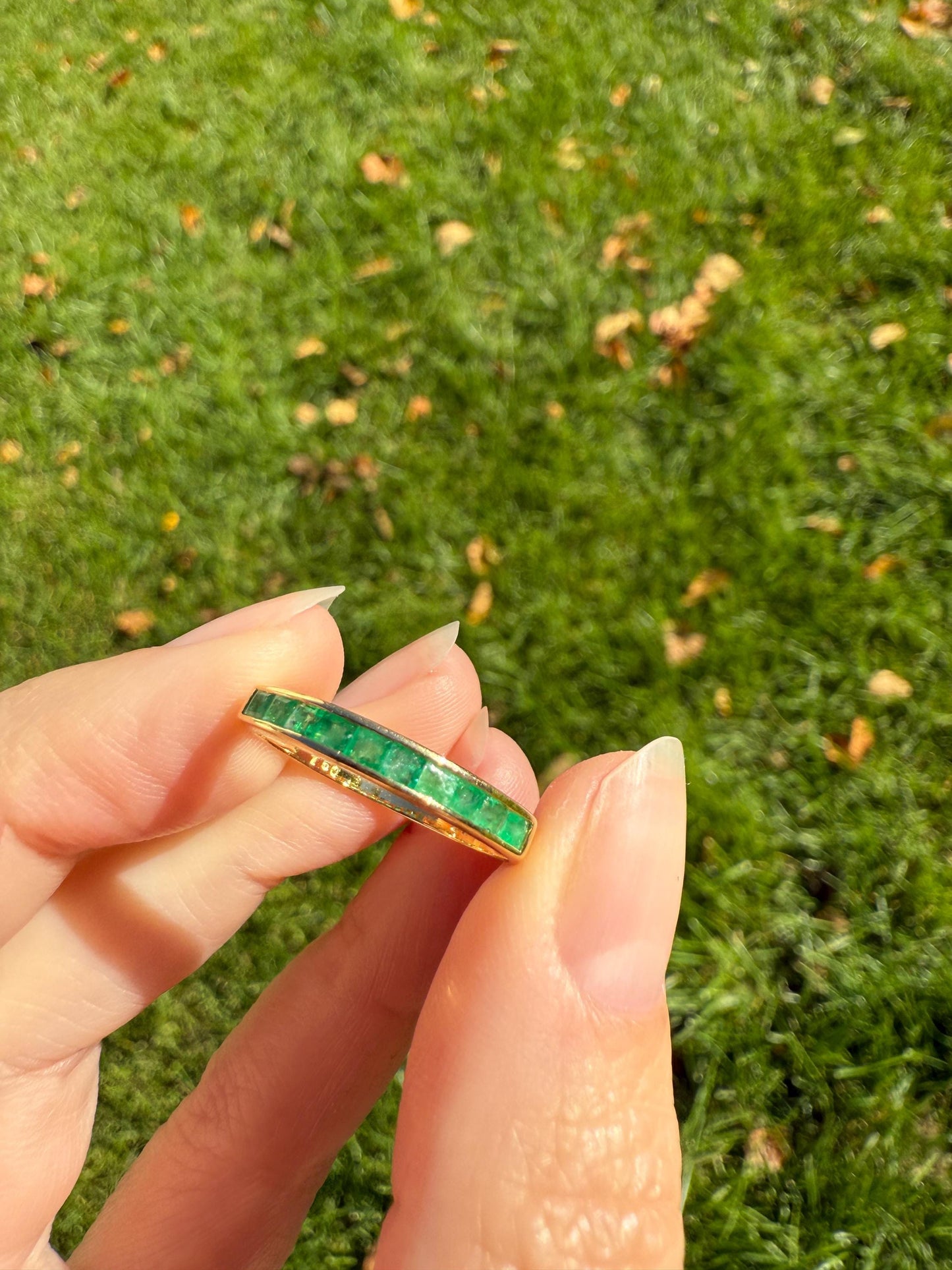 Vintage Channel Set Emerald Half Hoop Eternity Band Ring 18k Gold Skinny Line Stacker Romantic Gift Green Pair Sapphire Avail