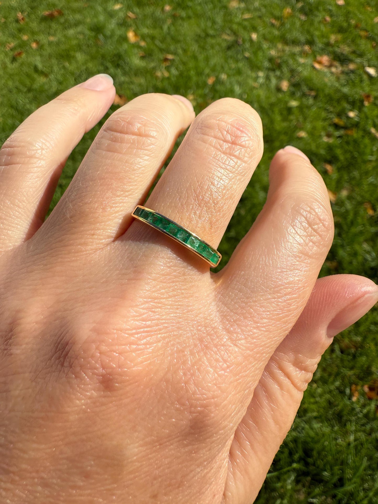 Vintage Channel Set Emerald Half Hoop Eternity Band Ring 18k Gold Skinny Line Stacker Romantic Gift Green Pair Sapphire Avail