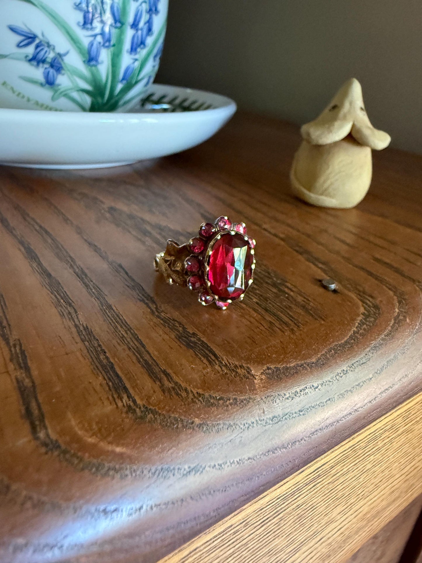 Perpignan GARNET Oval Almandine Cluster Ring French VICTORIAN Era Hallmark 18k Gold Floral Leaf Glowing Berry Pink Purple Red Romantic Gift