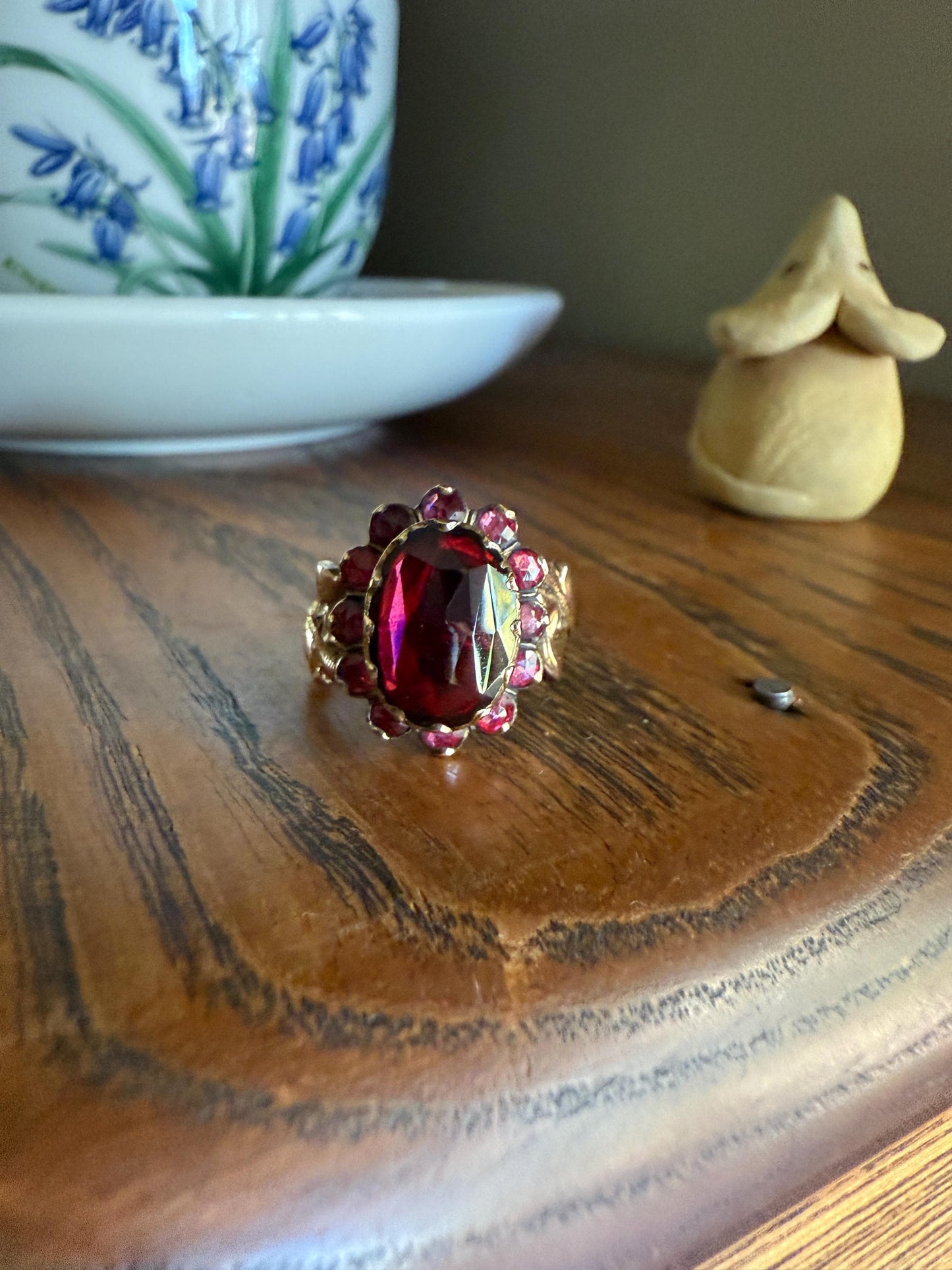 Perpignan GARNET Oval Almandine Cluster Ring French VICTORIAN Era Hallmark 18k Gold Floral Leaf Glowing Berry Pink Purple Red Romantic Gift