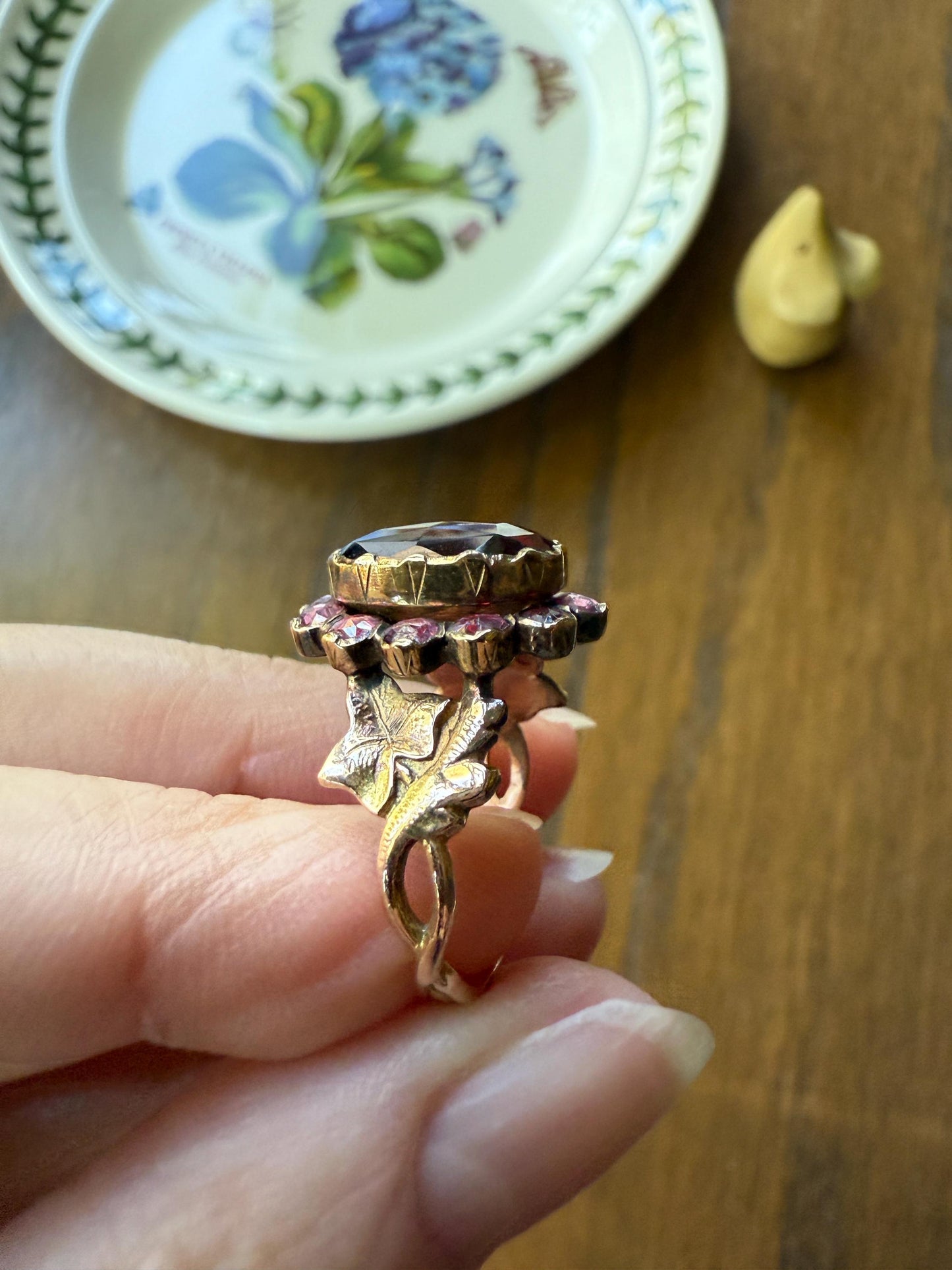 Perpignan GARNET Oval Almandine Cluster Ring French VICTORIAN Era Hallmark 18k Gold Floral Leaf Glowing Berry Pink Purple Red Romantic Gift