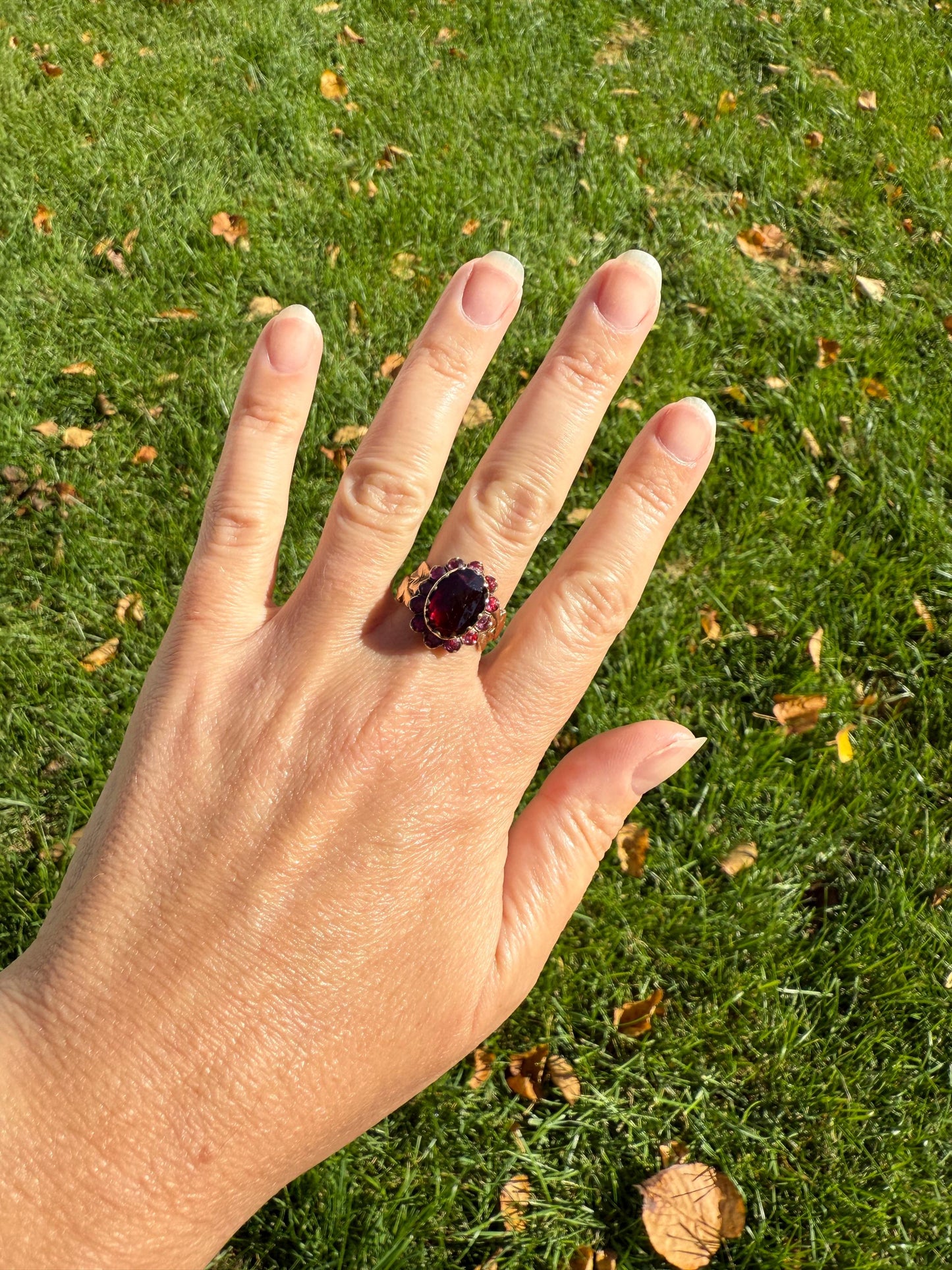 Perpignan GARNET Oval Almandine Cluster Ring French VICTORIAN Era Hallmark 18k Gold Floral Leaf Glowing Berry Pink Purple Red Romantic Gift
