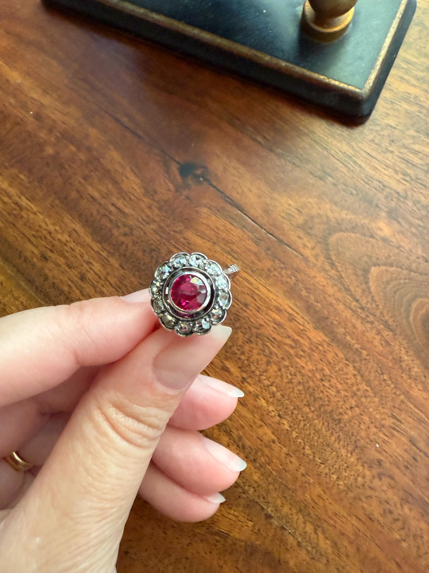 Antique Ruby & Rose Cut Diamond Halo Cluster Ring Pink Red Solid Silver French Edwardian Stacker Cocktail Statement Romantic Gift