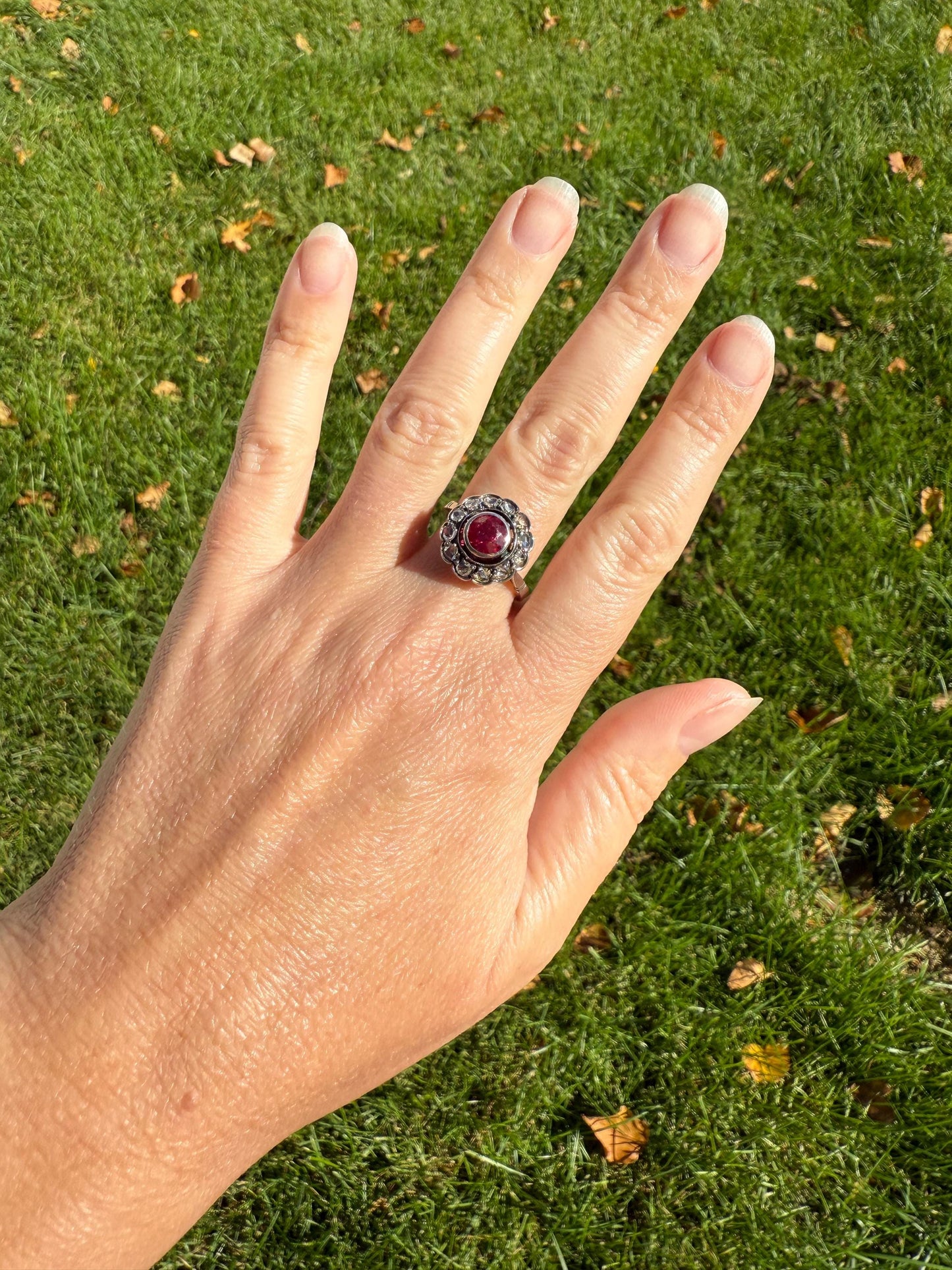 Antique Ruby & Rose Cut Diamond Halo Cluster Ring Pink Red Solid Silver French Edwardian Stacker Cocktail Statement Romantic Gift