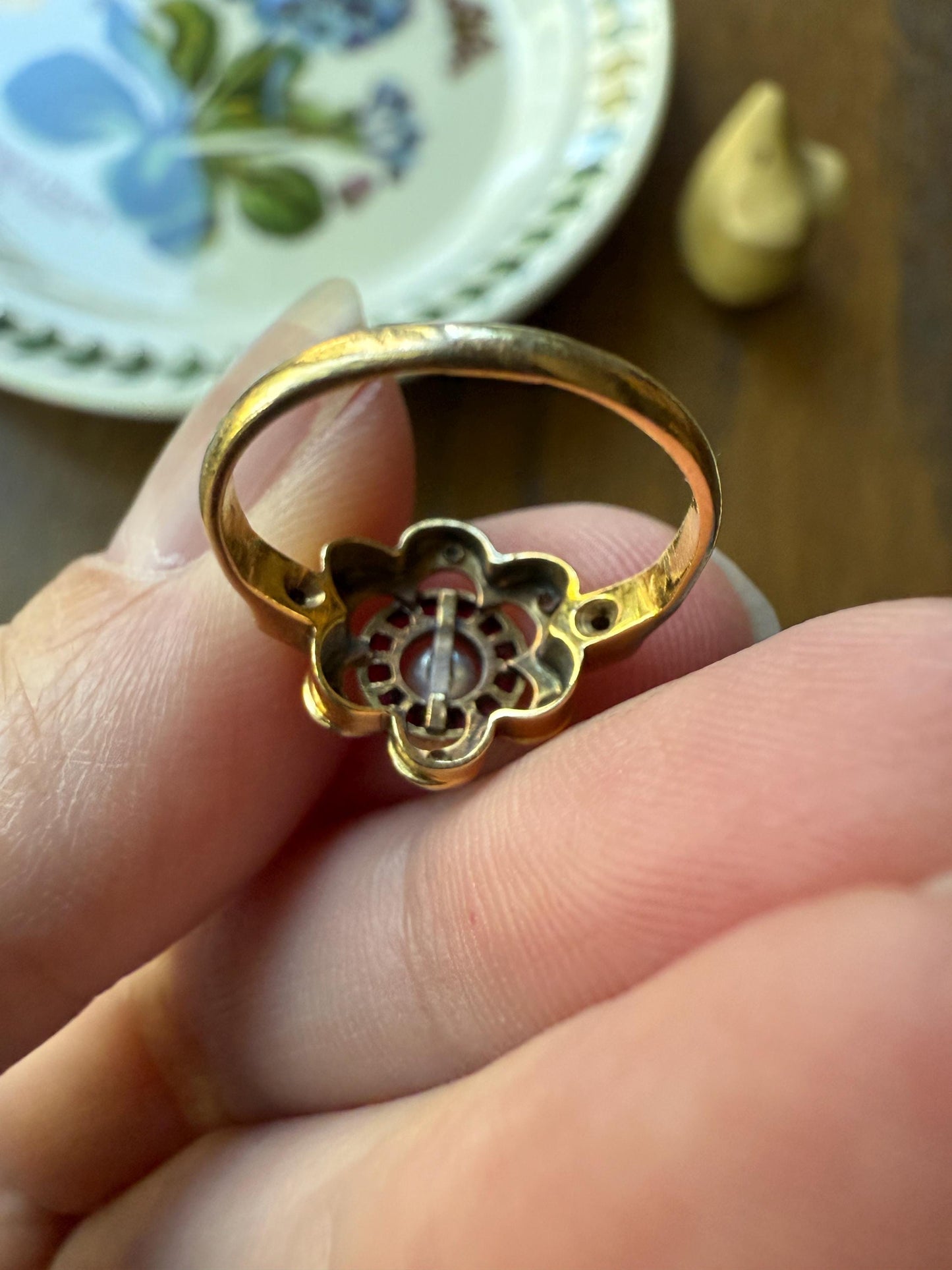 Ruby HALO Ring Scalloped 18k Gold Antique Pearl Rose Cut Diamond Pink Red Dainty Ring French Belle Epoque Stacker Pinky Midi