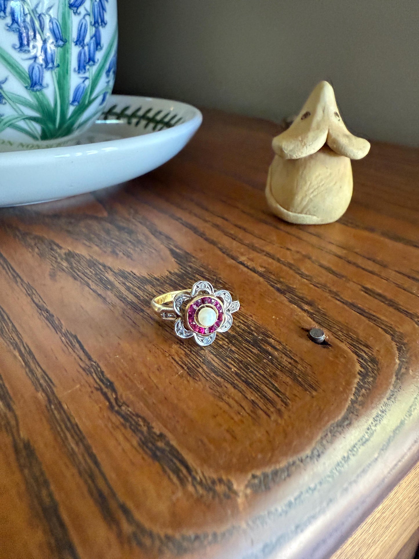Ruby HALO Ring Scalloped 18k Gold Antique Pearl Rose Cut Diamond Pink Red Dainty Ring French Belle Epoque Stacker Pinky Midi