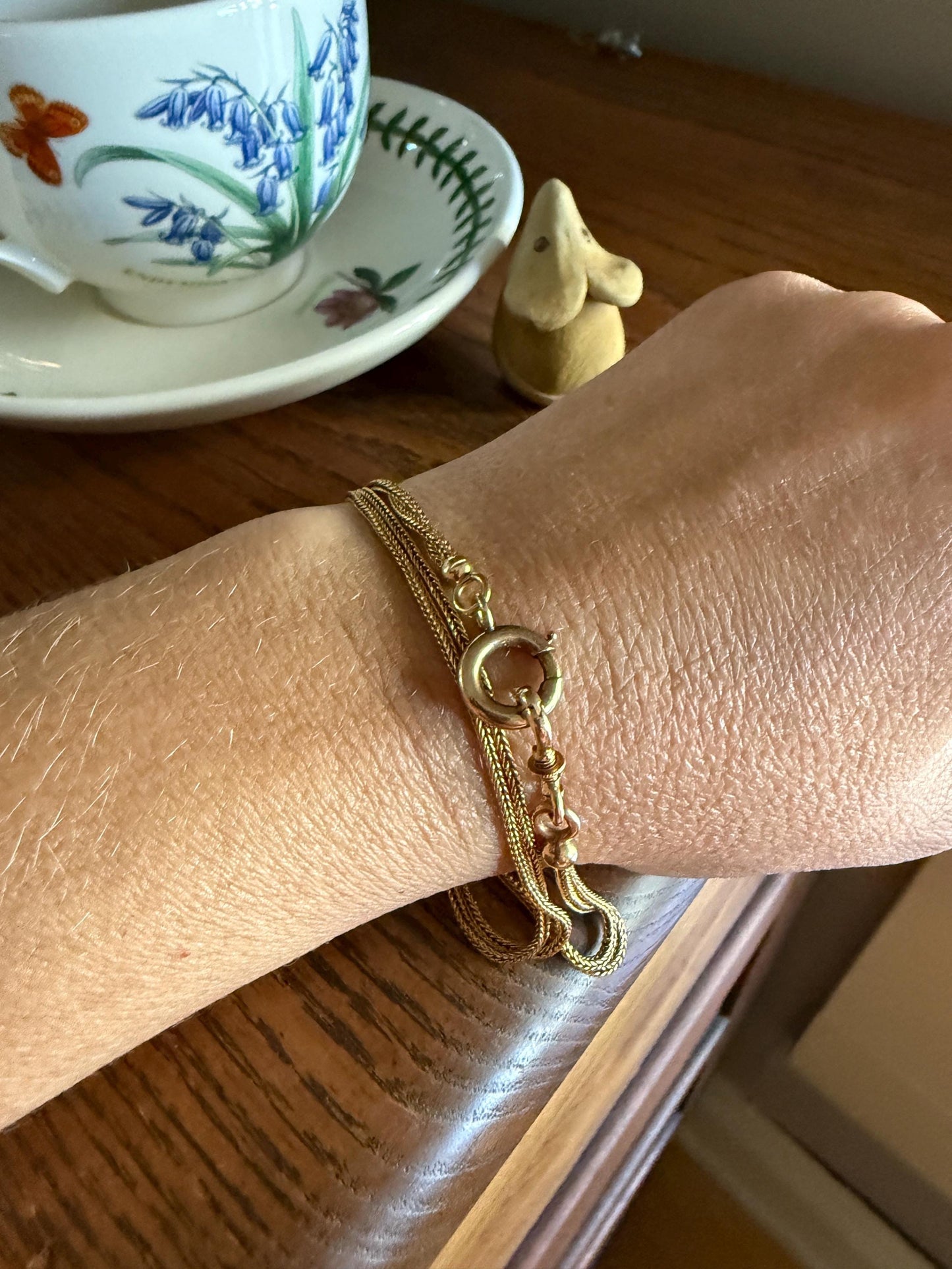 Victorian ANTIQUE Hallmark French 9.5g 18k Gold Solid Double Box Chain Watch Necklace Extender Bracelet Connector Dog Clip Pendant Holder