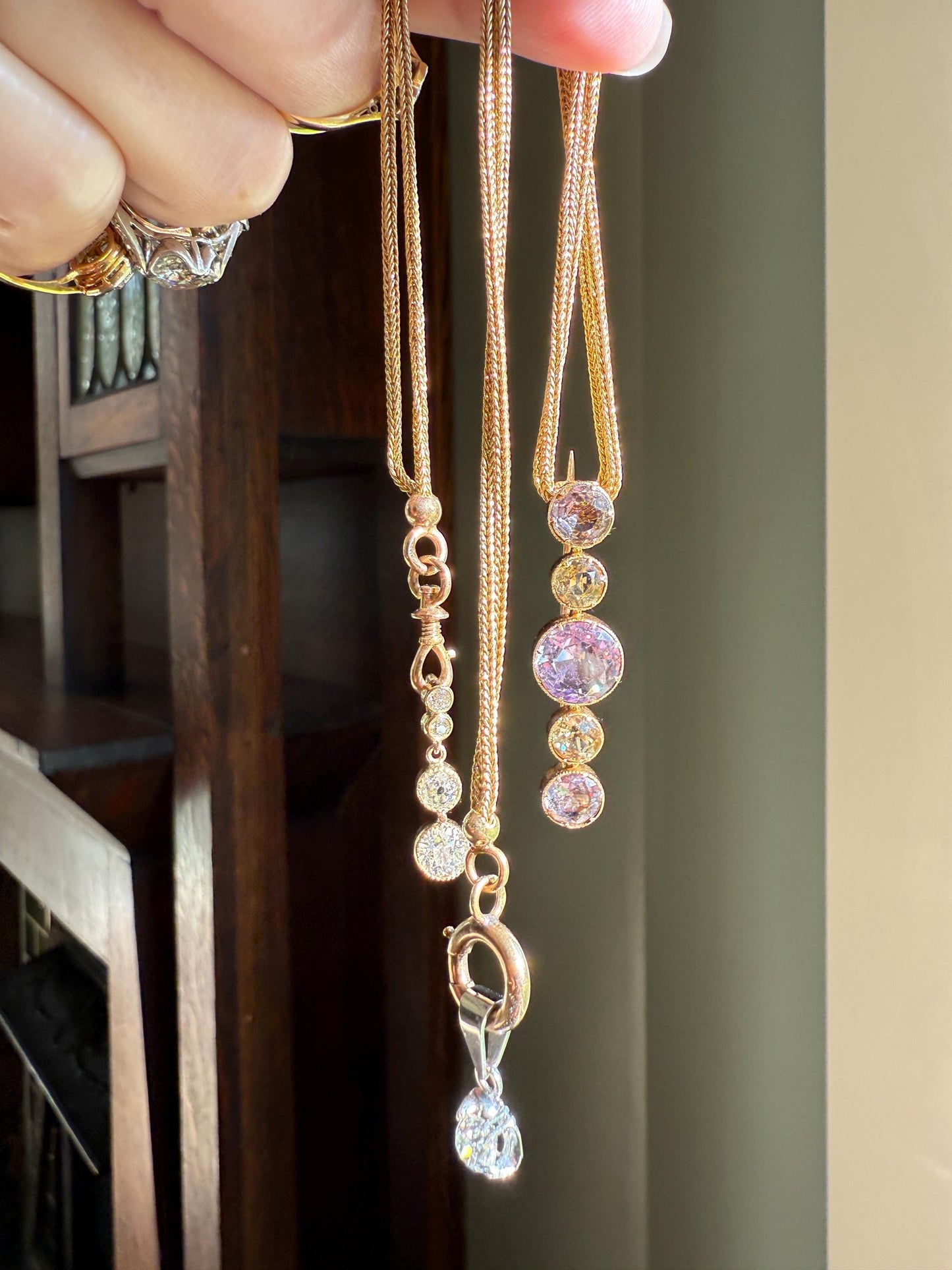 Victorian ANTIQUE Hallmark French 9.5g 18k Gold Solid Double Box Chain Watch Necklace Extender Bracelet Connector Dog Clip Pendant Holder