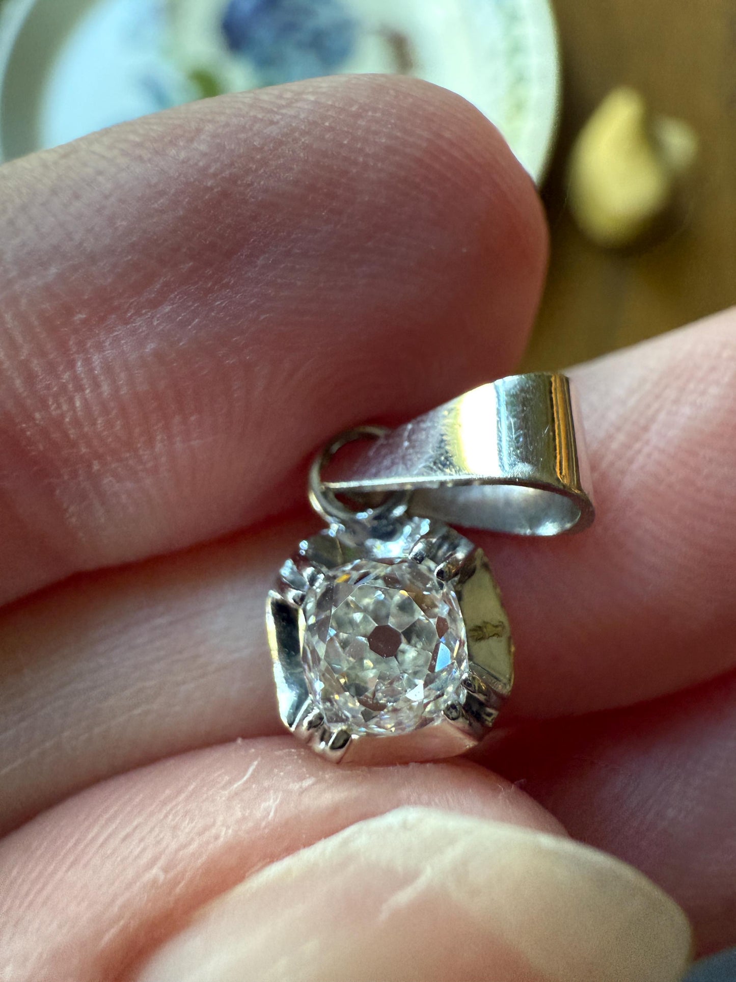 CHUNKY Eye Clean .6 Carat Old Mine Cut DIAMOND Antique 18k White Gold & Platinum Buttercup Pendant Bridal Something Old Solitaire Gift