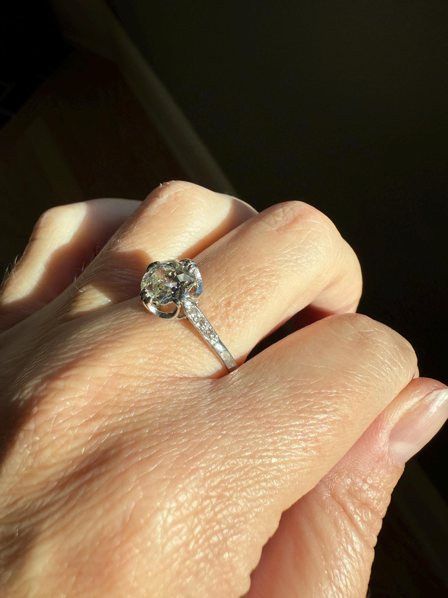 Antique 2 CARATS Tdw Old Mine Cut DIAMOND Solitaire French Engagement Ring with Rose Cut Accents Platinum Stacker Love Gift Spready OMC