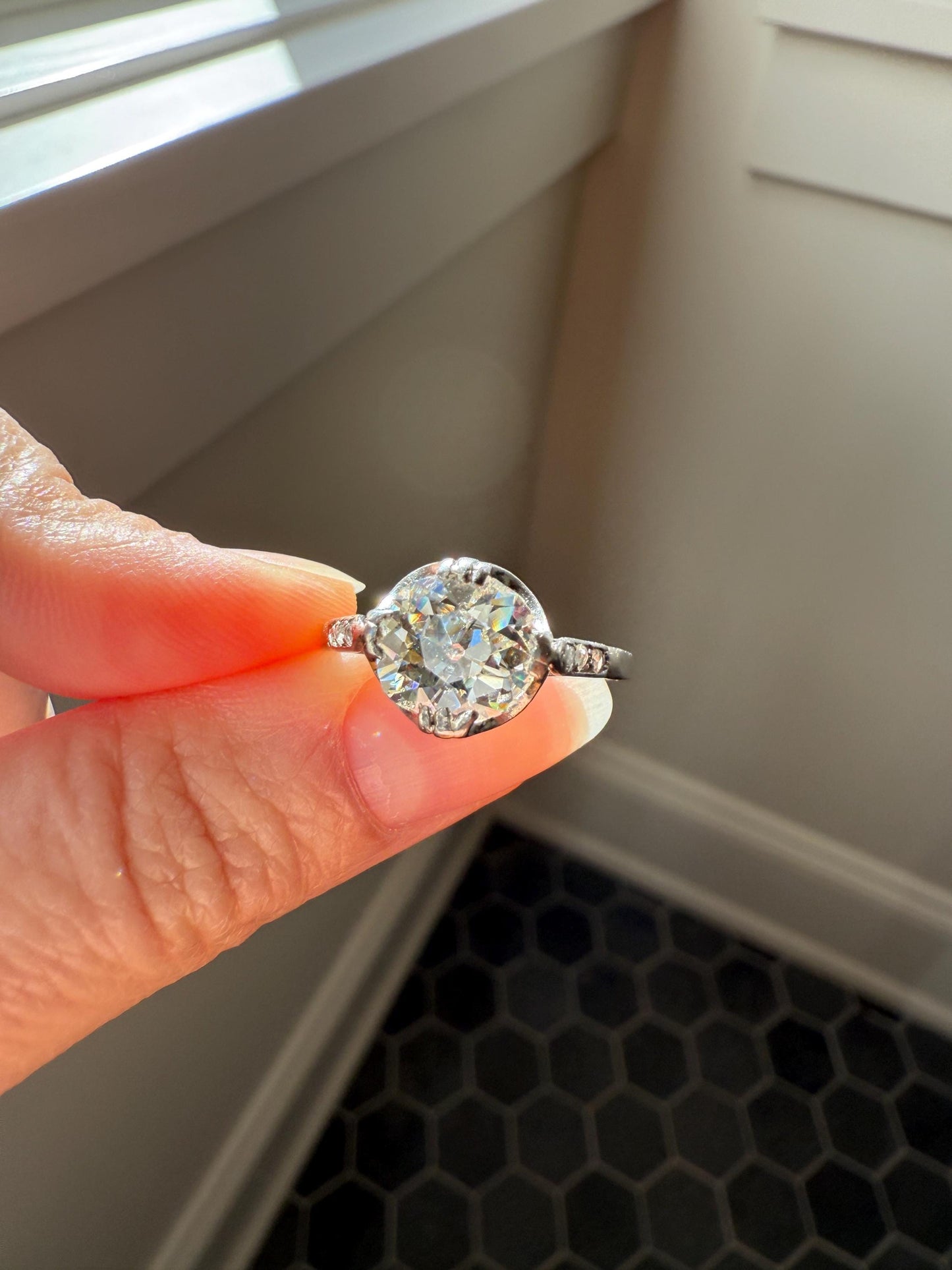 Antique 2 CARATS Tdw Old Mine Cut DIAMOND Solitaire French Engagement Ring with Rose Cut Accents Platinum Stacker Love Gift Spready OMC