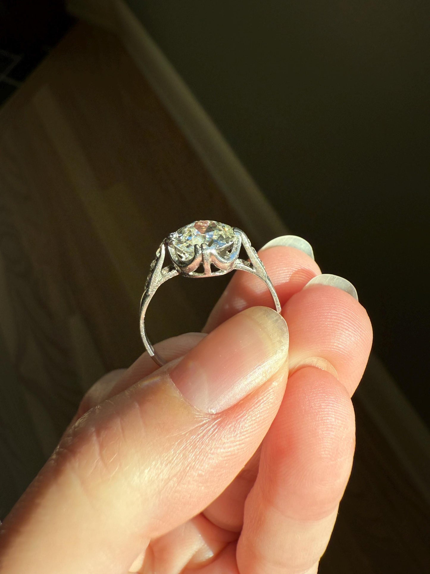 Antique 2 CARATS Tdw Old Mine Cut DIAMOND Solitaire French Engagement Ring with Rose Cut Accents Platinum Stacker Love Gift Spready OMC