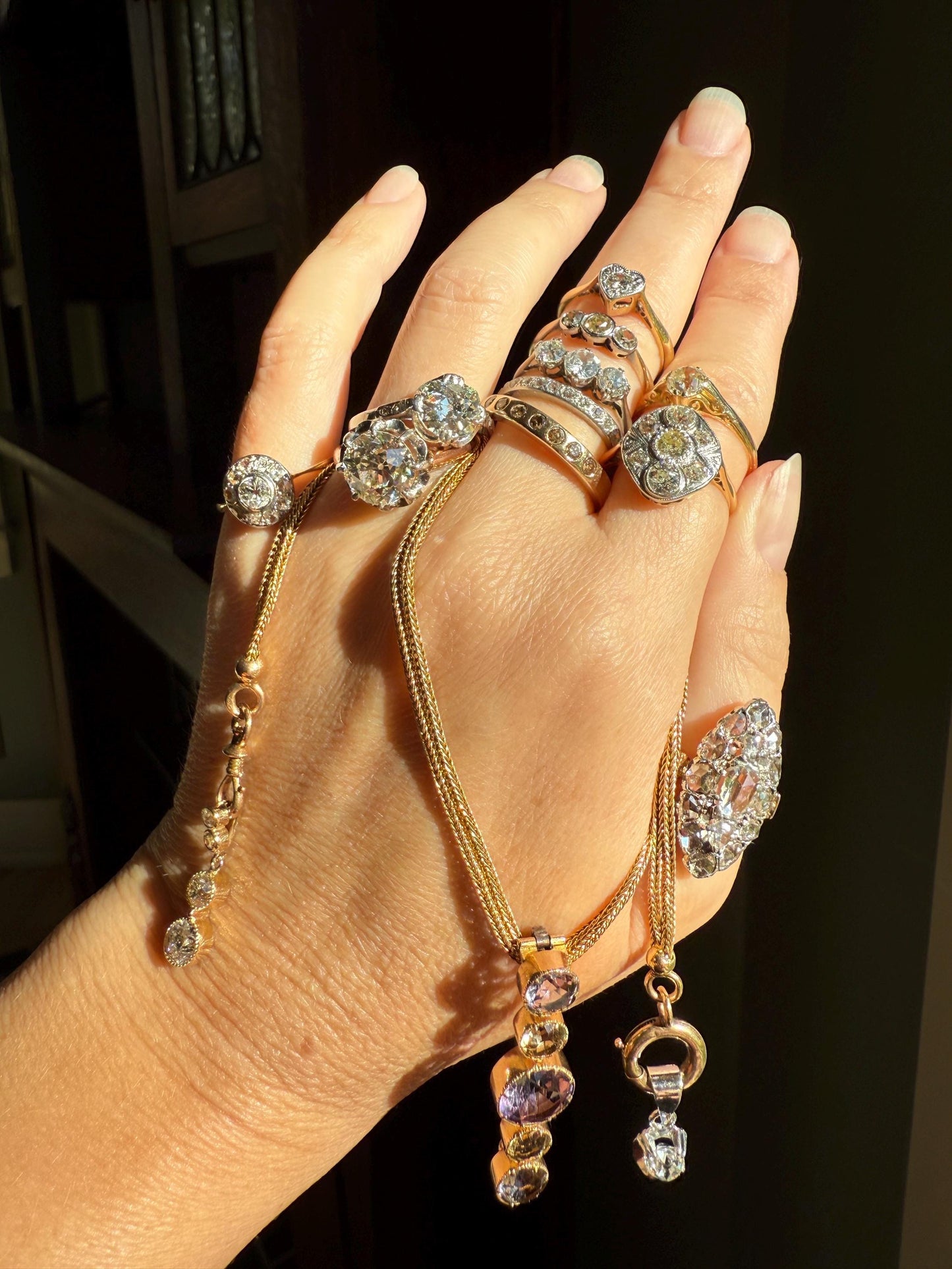 Vintage FANCY Brown Chocolate Golden Cognac Diamond Seven Stone Gypsy Band Skinny Stacker Half Hoop Eternity 9k Gold Minimalist