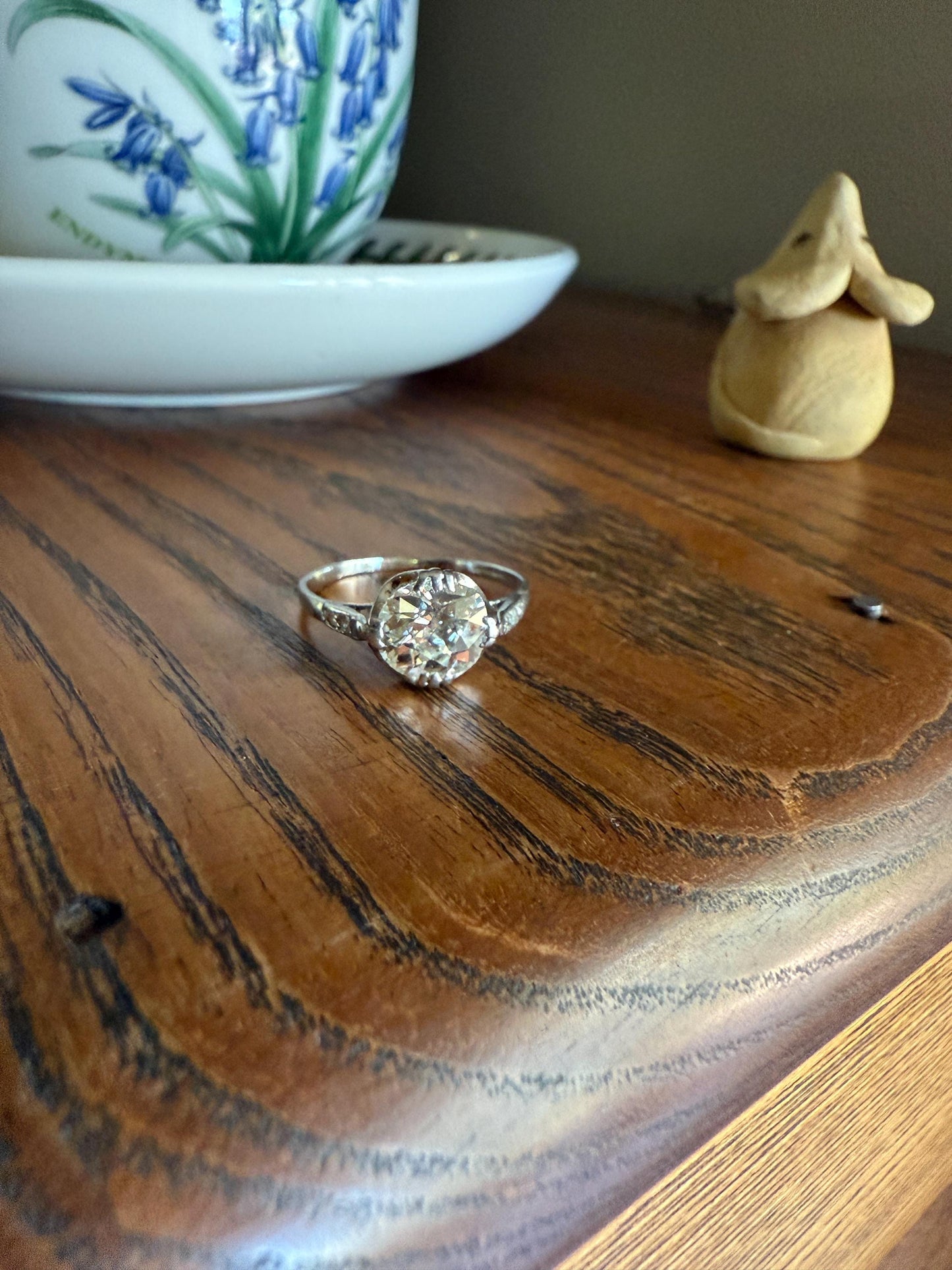 Antique 2 CARATS Tdw Old Mine Cut DIAMOND Solitaire French Engagement Ring with Rose Cut Accents Platinum Stacker Love Gift Spready OMC