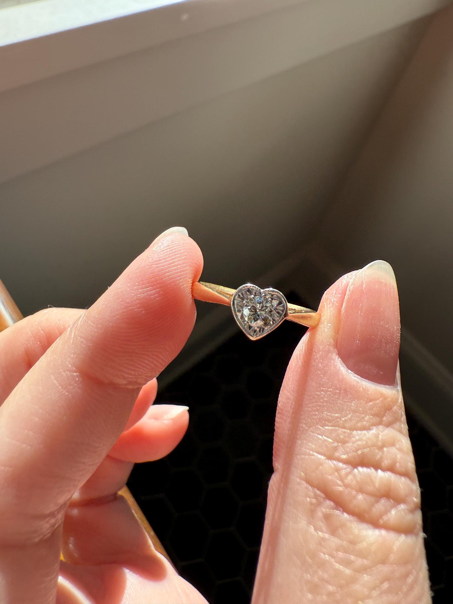Vintage to Antique HEART Transitional Cut DIAMOND Ring Art Deco 18k Platinum Figural Stacker Band Romantic Gift Alt Engagement Starburst