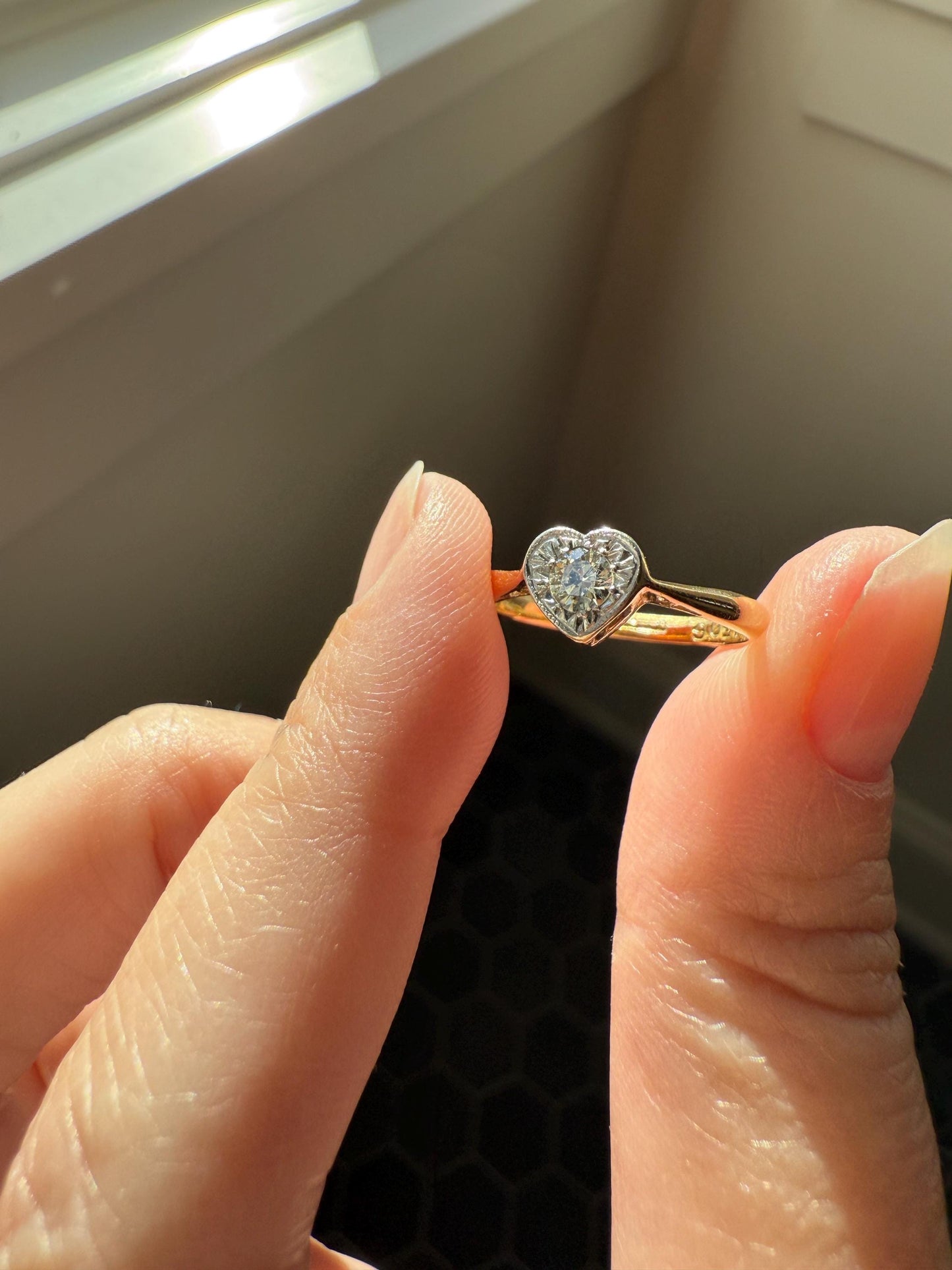 Vintage to Antique HEART Transitional Cut DIAMOND Ring Art Deco 18k Platinum Figural Stacker Band Romantic Gift Alt Engagement Starburst