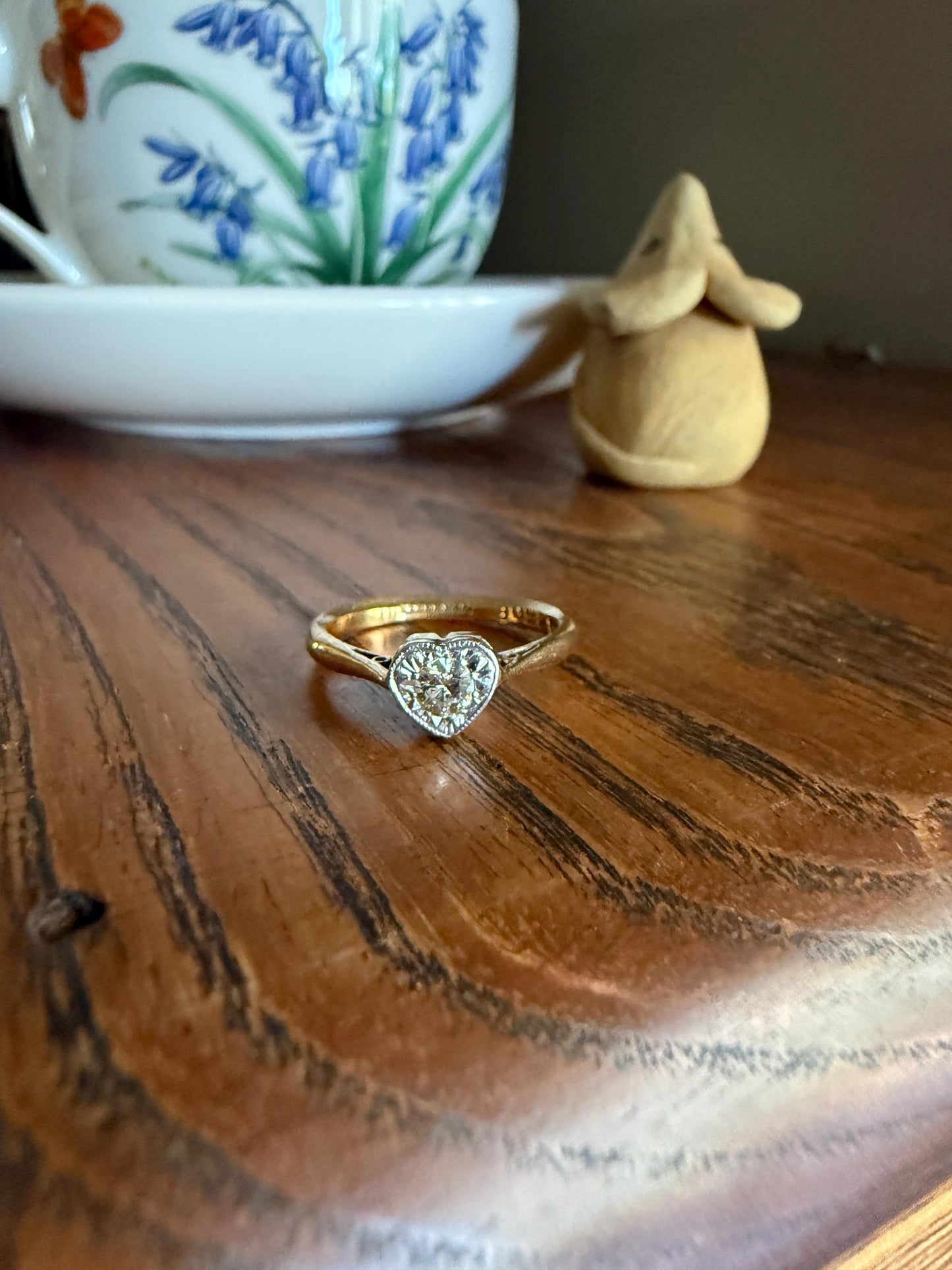 Vintage to Antique HEART Transitional Cut DIAMOND Ring Art Deco 18k Platinum Figural Stacker Band Romantic Gift Alt Engagement Starburst