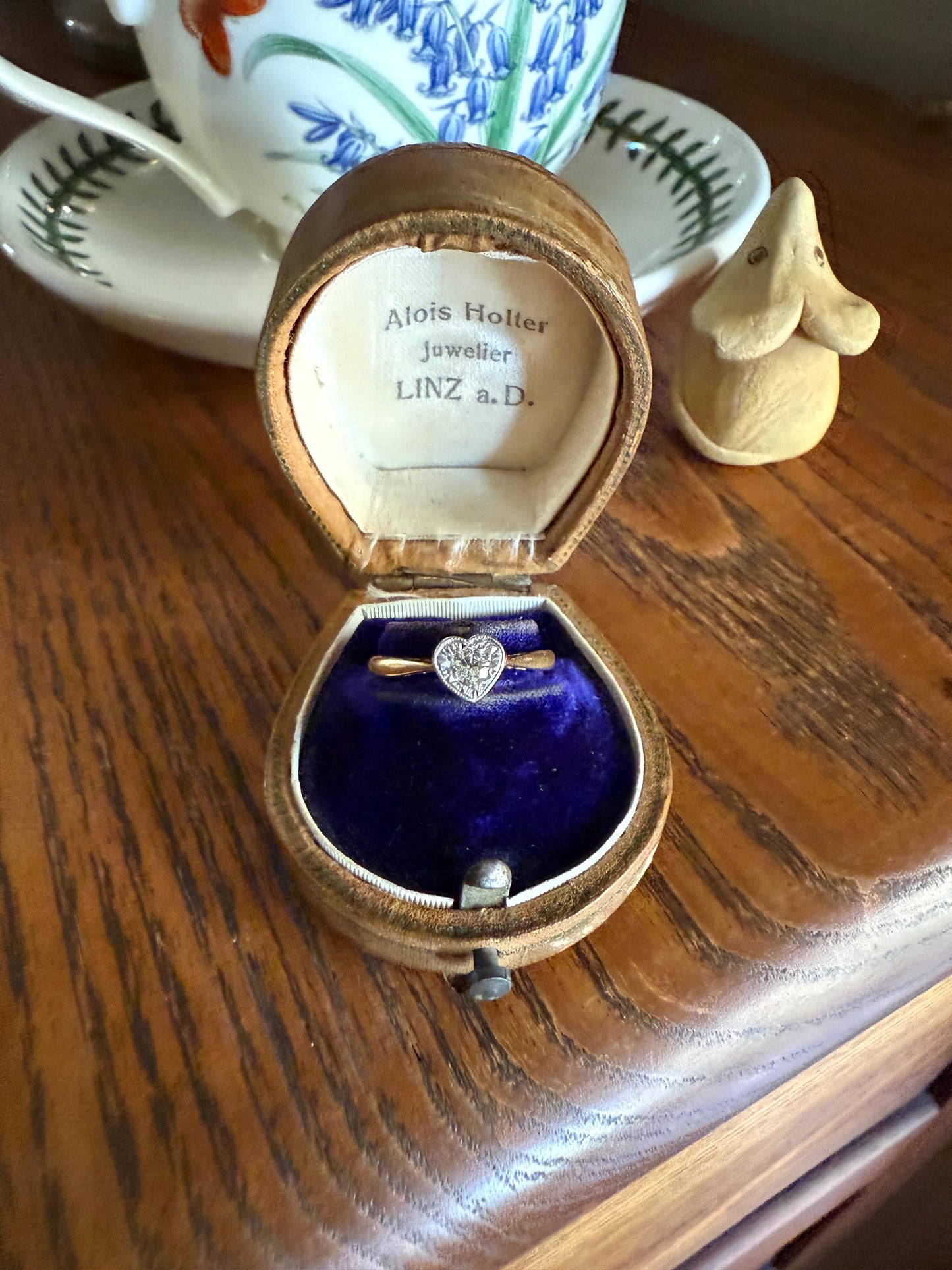 Vintage to Antique HEART Transitional Cut DIAMOND Ring Art Deco 18k Platinum Figural Stacker Band Romantic Gift Alt Engagement Starburst