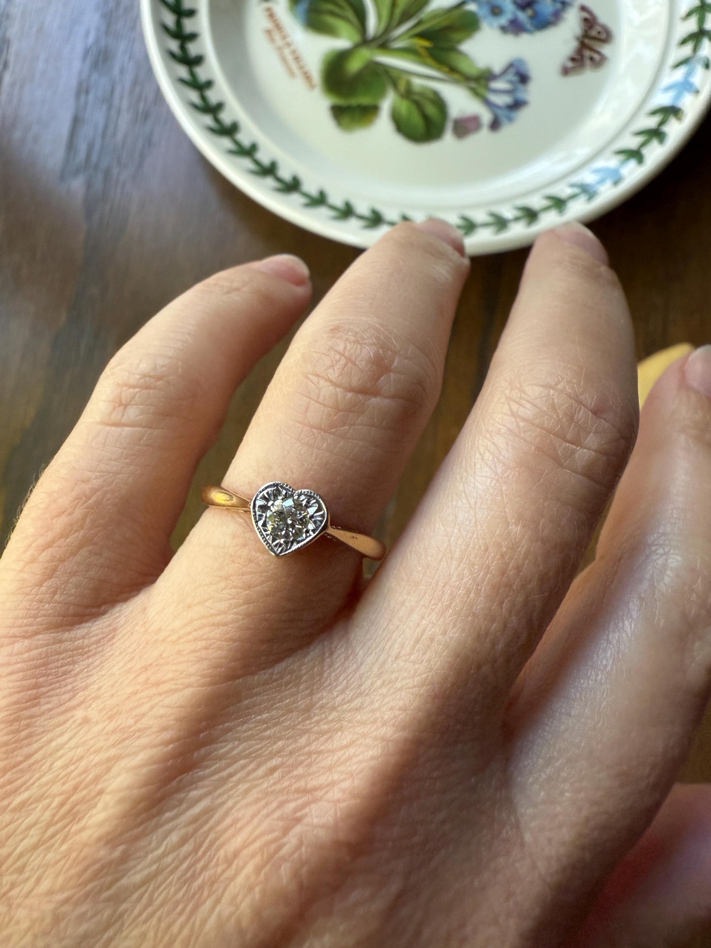 Vintage to Antique HEART Transitional Cut DIAMOND Ring Art Deco 18k Platinum Figural Stacker Band Romantic Gift Alt Engagement Starburst