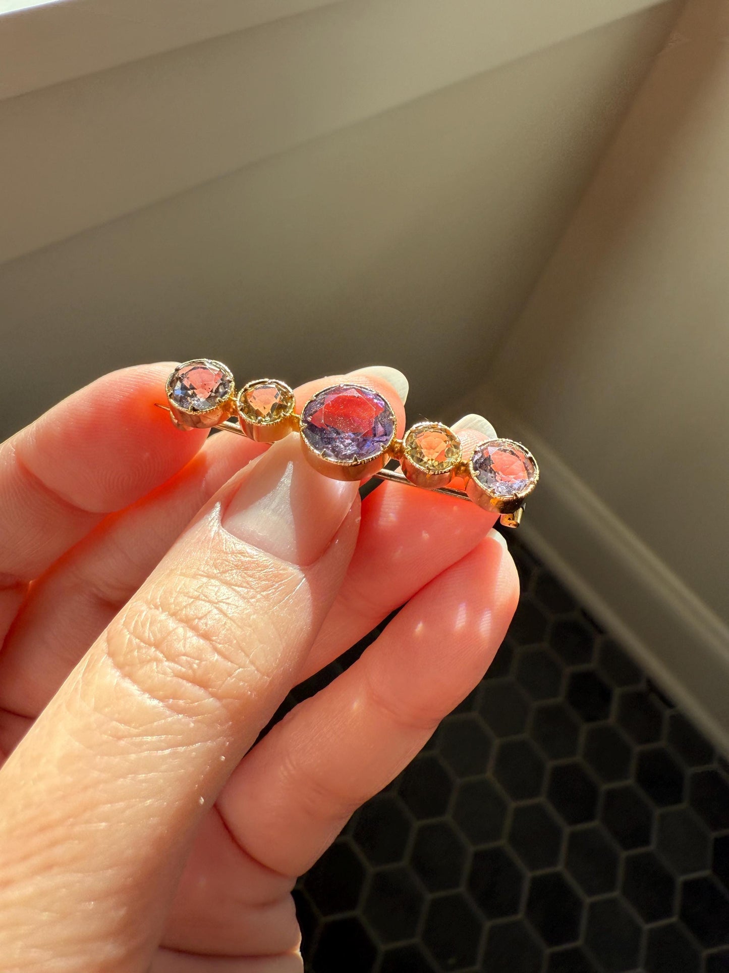 XL Antique Victorian Old Cut Amethyst Citrine Bar Brooch Extender Connector Pin Pendant Bracelet Conversion 14k Gold Purple Lavender Yellow