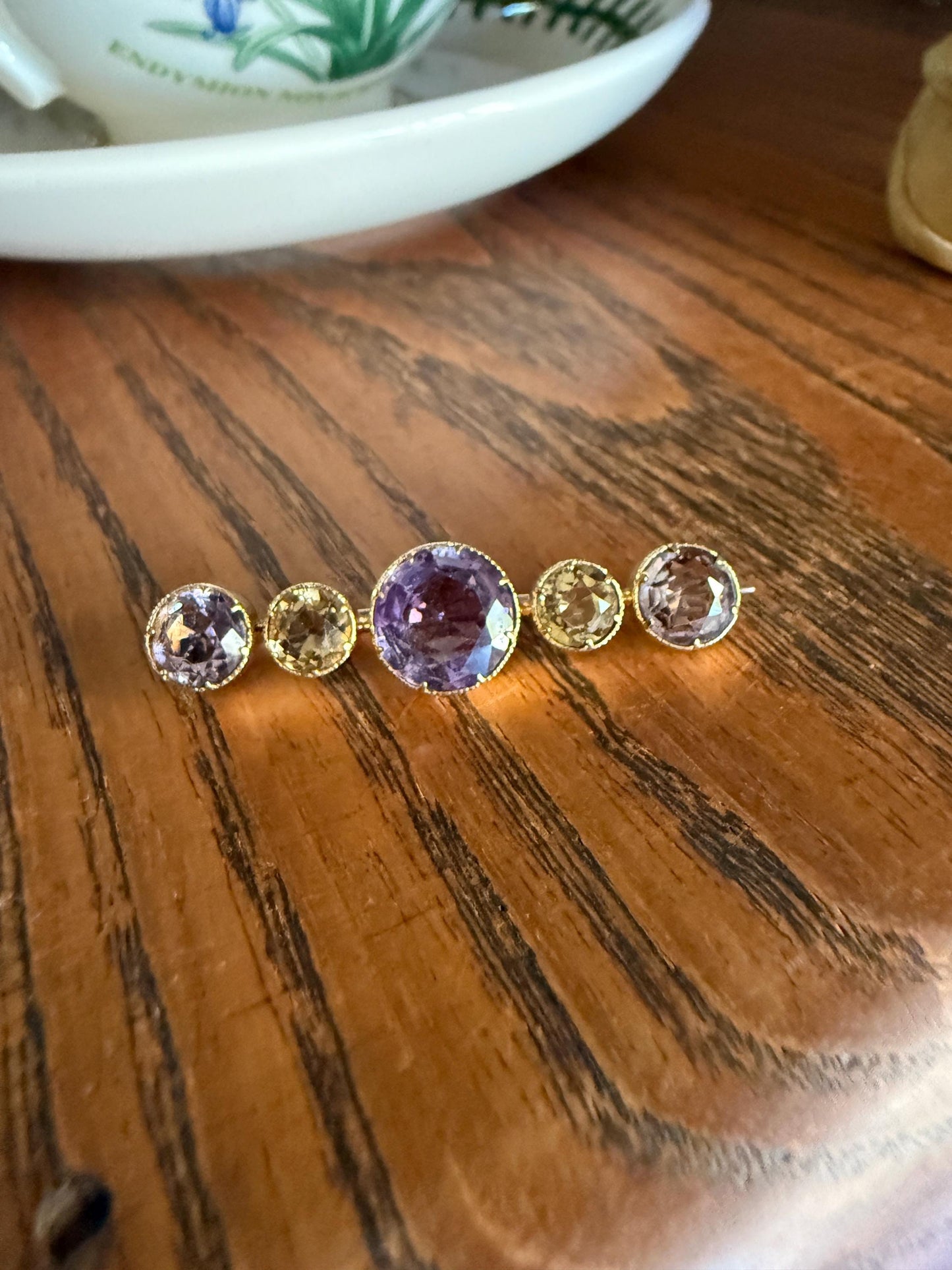 XL Antique Victorian Old Cut Amethyst Citrine Bar Brooch Extender Connector Pin Pendant Bracelet Conversion 14k Gold Purple Lavender Yellow