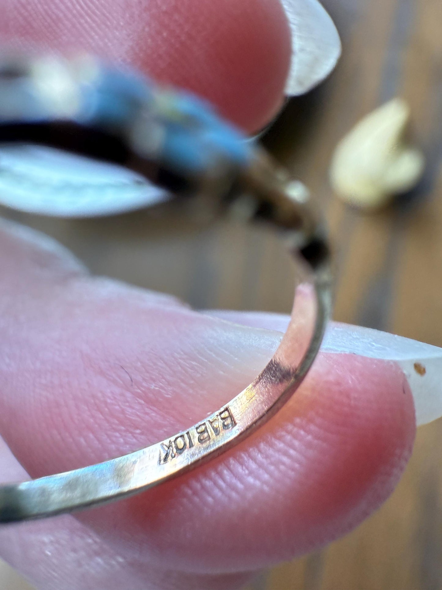 Twinning with Mouse Antique Forget Me Not Ring Floral Pinky Midi Band Dainty 10k Gold Robin Egg Blue Enamel Figural Three Flowers Baby Child