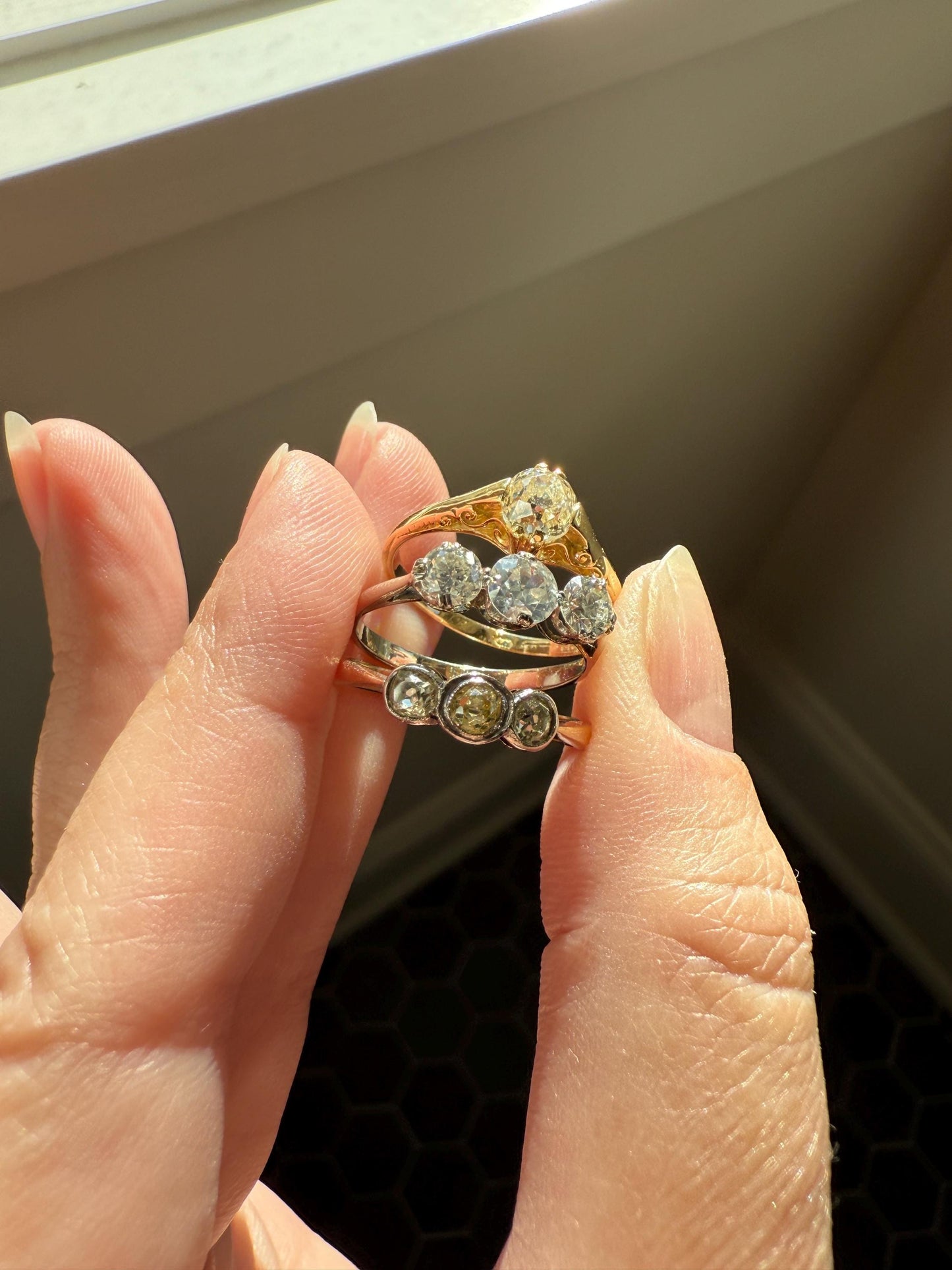 Antique One Carat Old European Cut DIAMOND Three Stone Ring Prong Set Stacker Trilogy 14k White Gold Art Deco Romantic Gift OEC 1Ctw