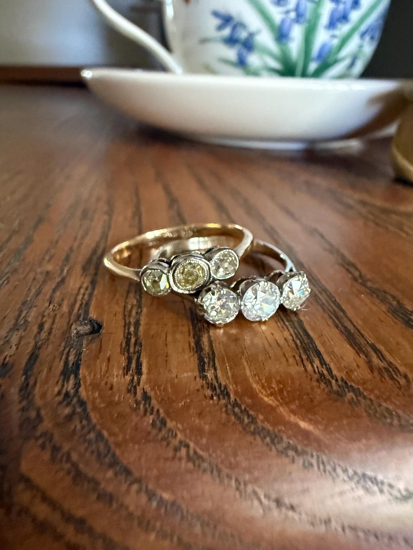 Antique One Carat Old European Cut DIAMOND Three Stone Ring Prong Set Stacker Trilogy 14k White Gold Art Deco Romantic Gift OEC 1Ctw