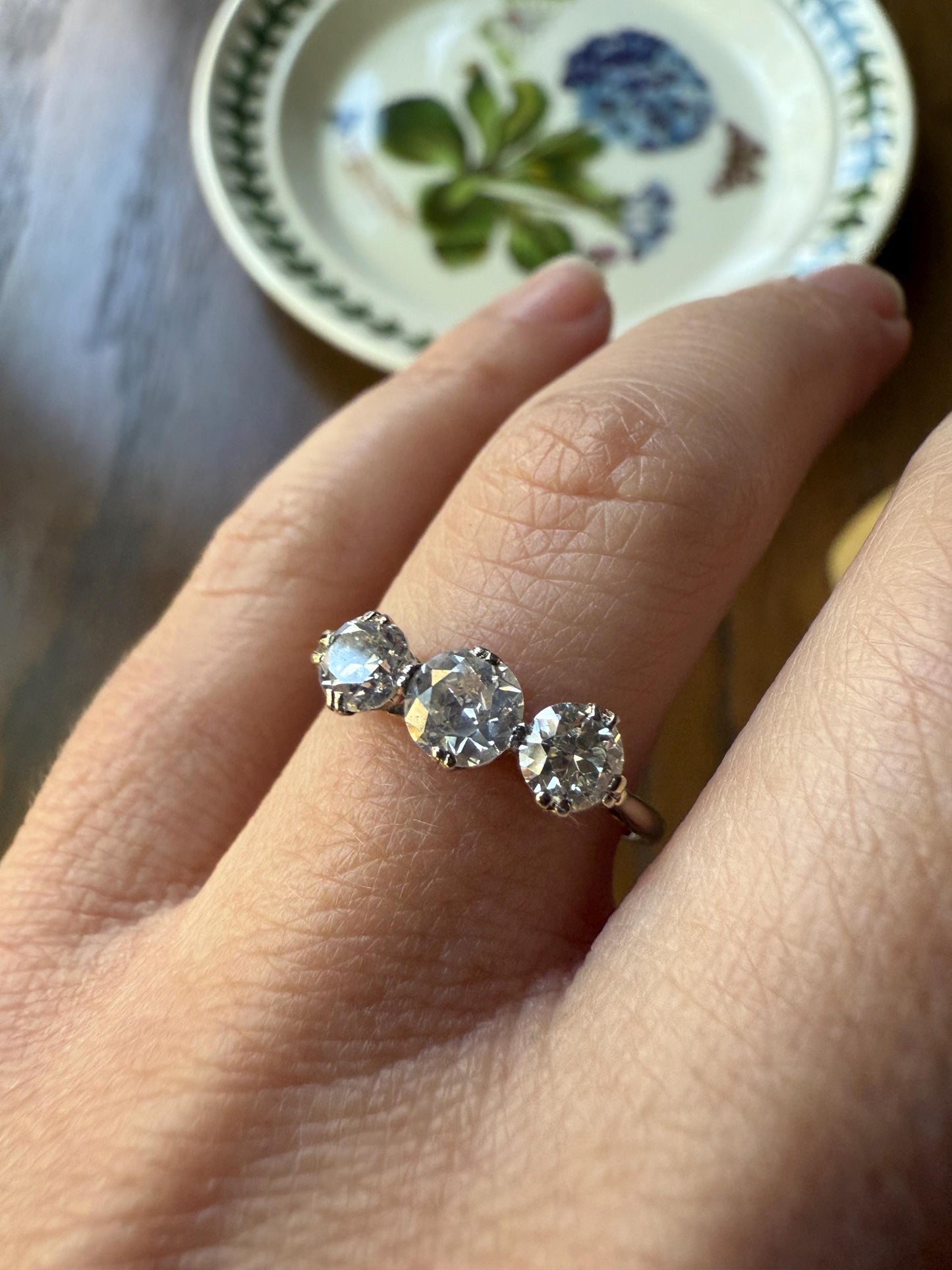 Antique One Carat Old European Cut DIAMOND Three Stone Ring Prong Set Stacker Trilogy 14k White Gold Art Deco Romantic Gift OEC 1Ctw