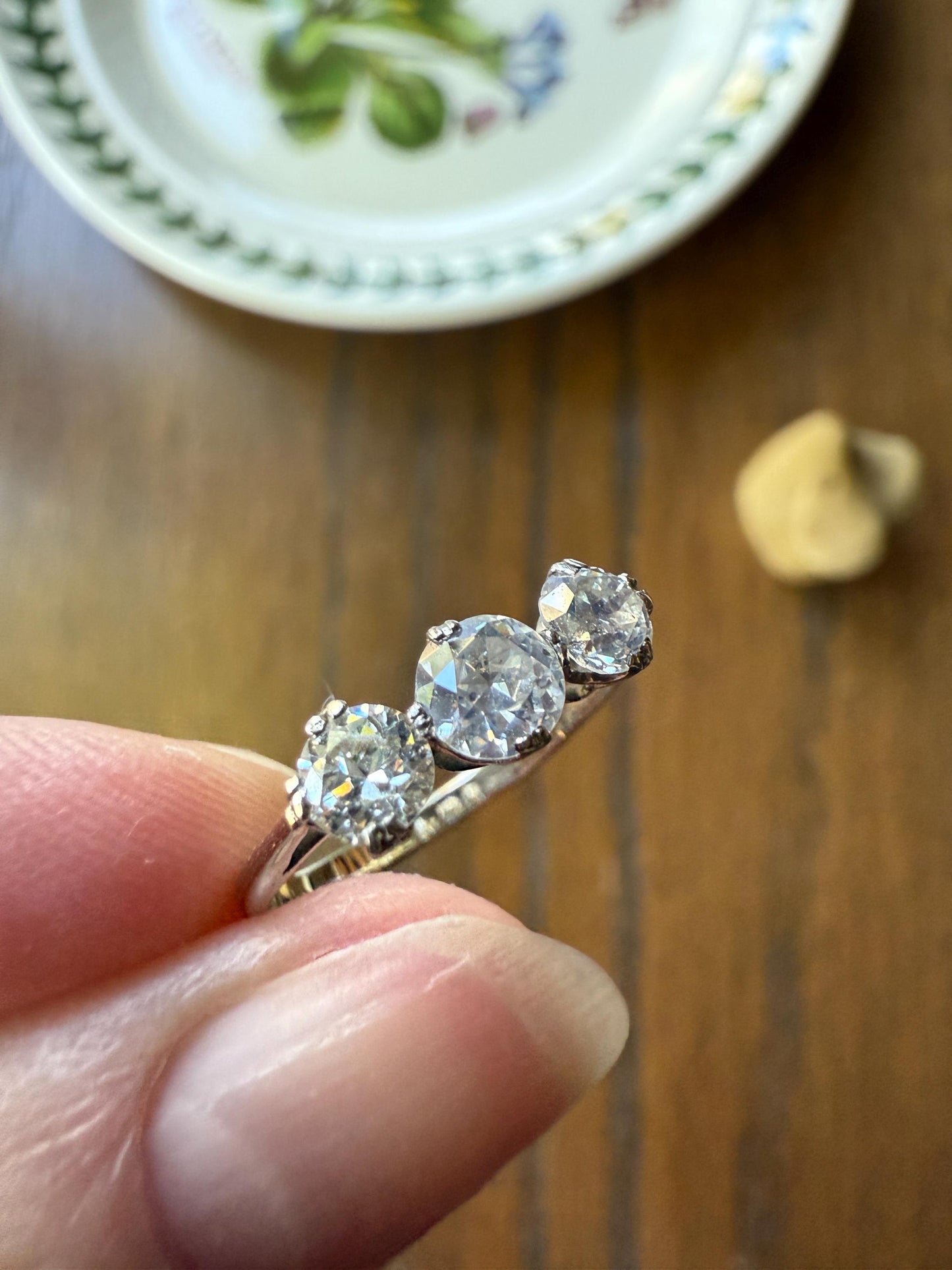 Antique One Carat Old European Cut DIAMOND Three Stone Ring Prong Set Stacker Trilogy 14k White Gold Art Deco Romantic Gift OEC 1Ctw
