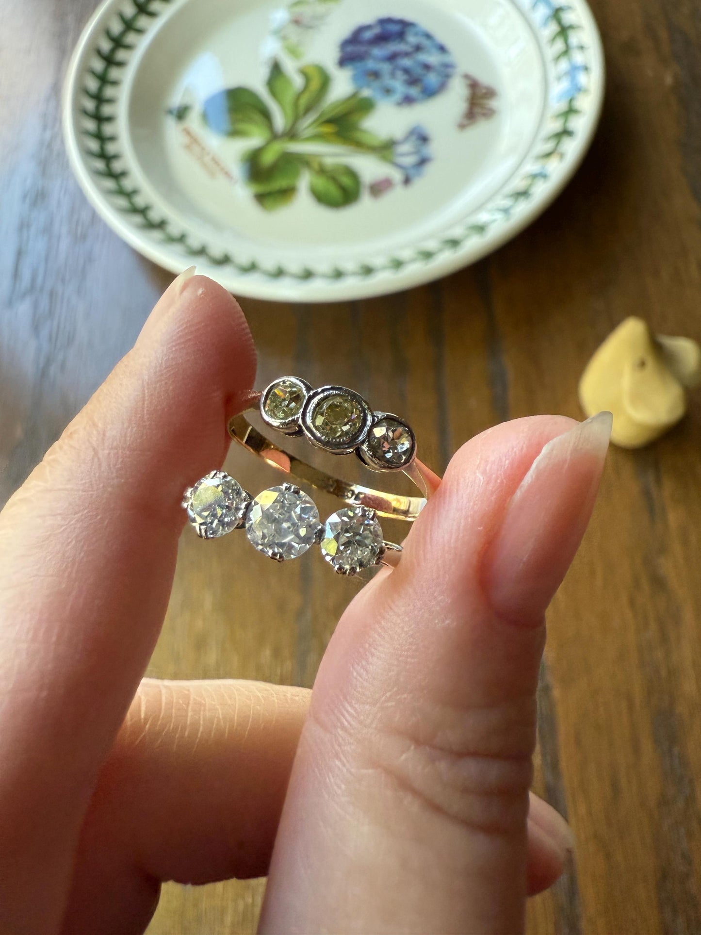 Antique One Carat Old European Cut DIAMOND Three Stone Ring Prong Set Stacker Trilogy 14k White Gold Art Deco Romantic Gift OEC 1Ctw