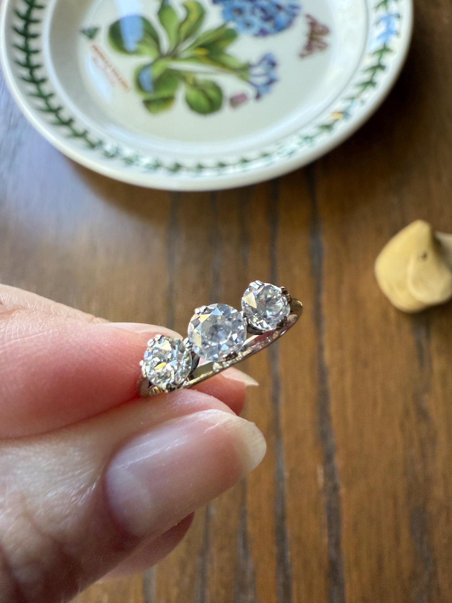 Antique One Carat Old European Cut DIAMOND Three Stone Ring Prong Set Stacker Trilogy 14k White Gold Art Deco Romantic Gift OEC 1Ctw