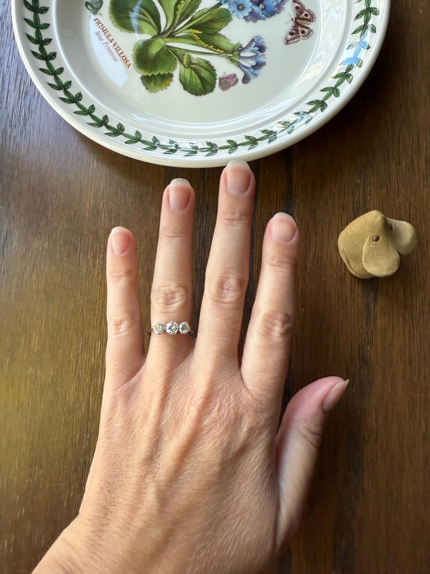 Antique One Carat Old European Cut DIAMOND Three Stone Ring Prong Set Stacker Trilogy 14k White Gold Art Deco Romantic Gift OEC 1Ctw