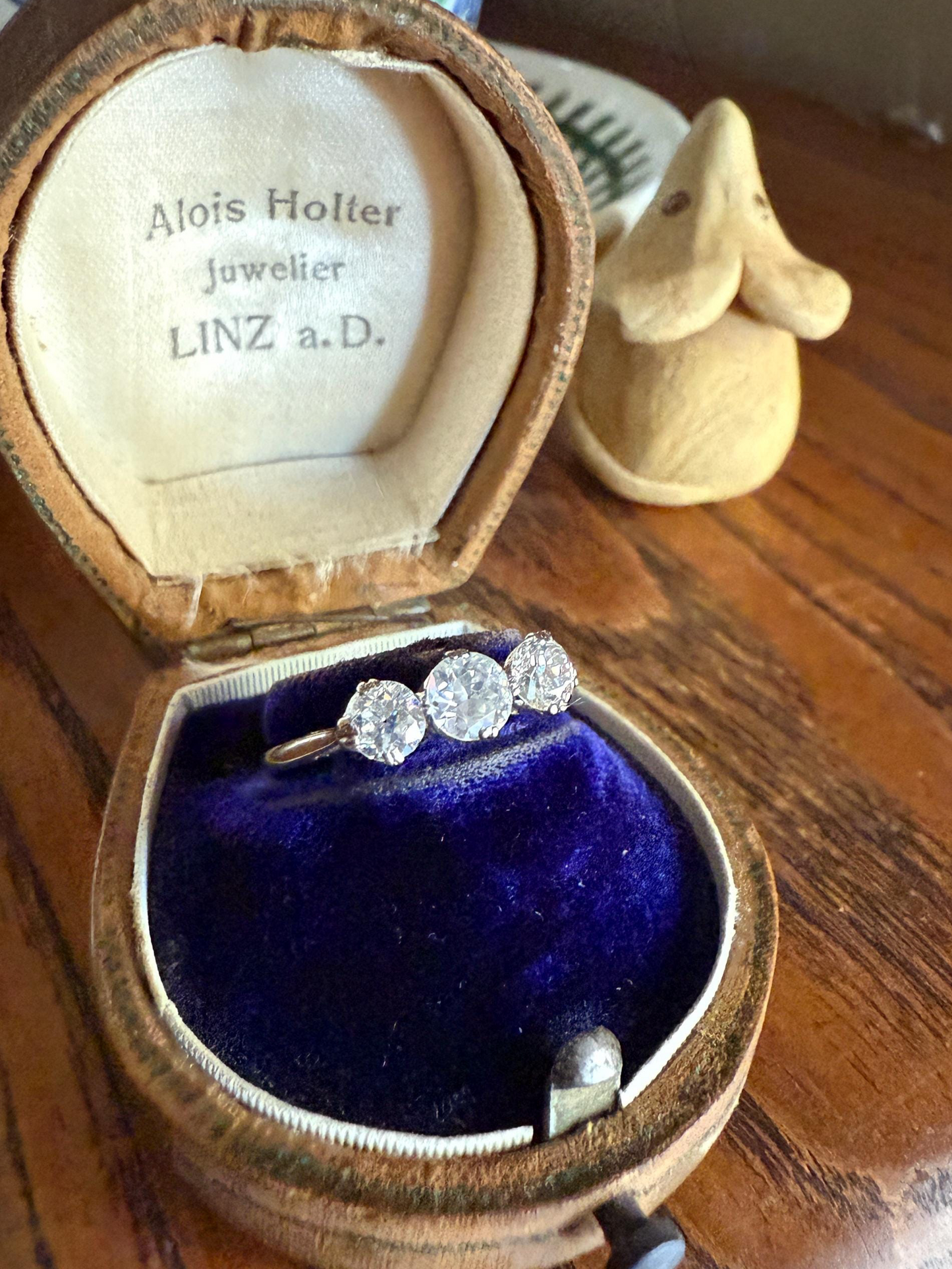 Antique One Carat Old European Cut DIAMOND Three Stone Ring Prong Set Stacker Trilogy 14k White Gold Art Deco Romantic Gift OEC 1Ctw