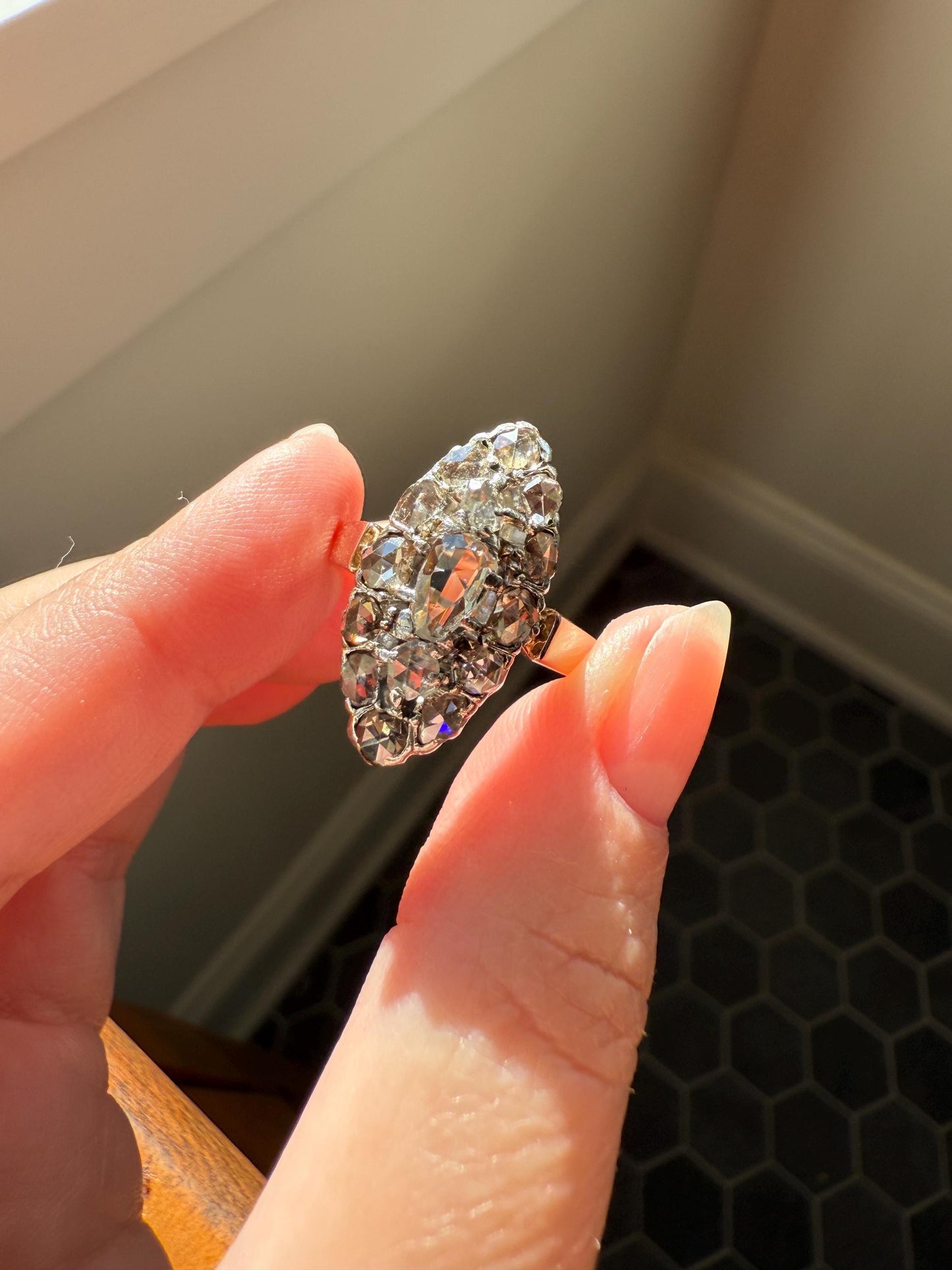 XL Antique Unique Elongated Rose Cut Diamond Navette Cluster Open Back French Victorian Era 18k Rose Gold & Platinum 1 inch Chunky Sparkle