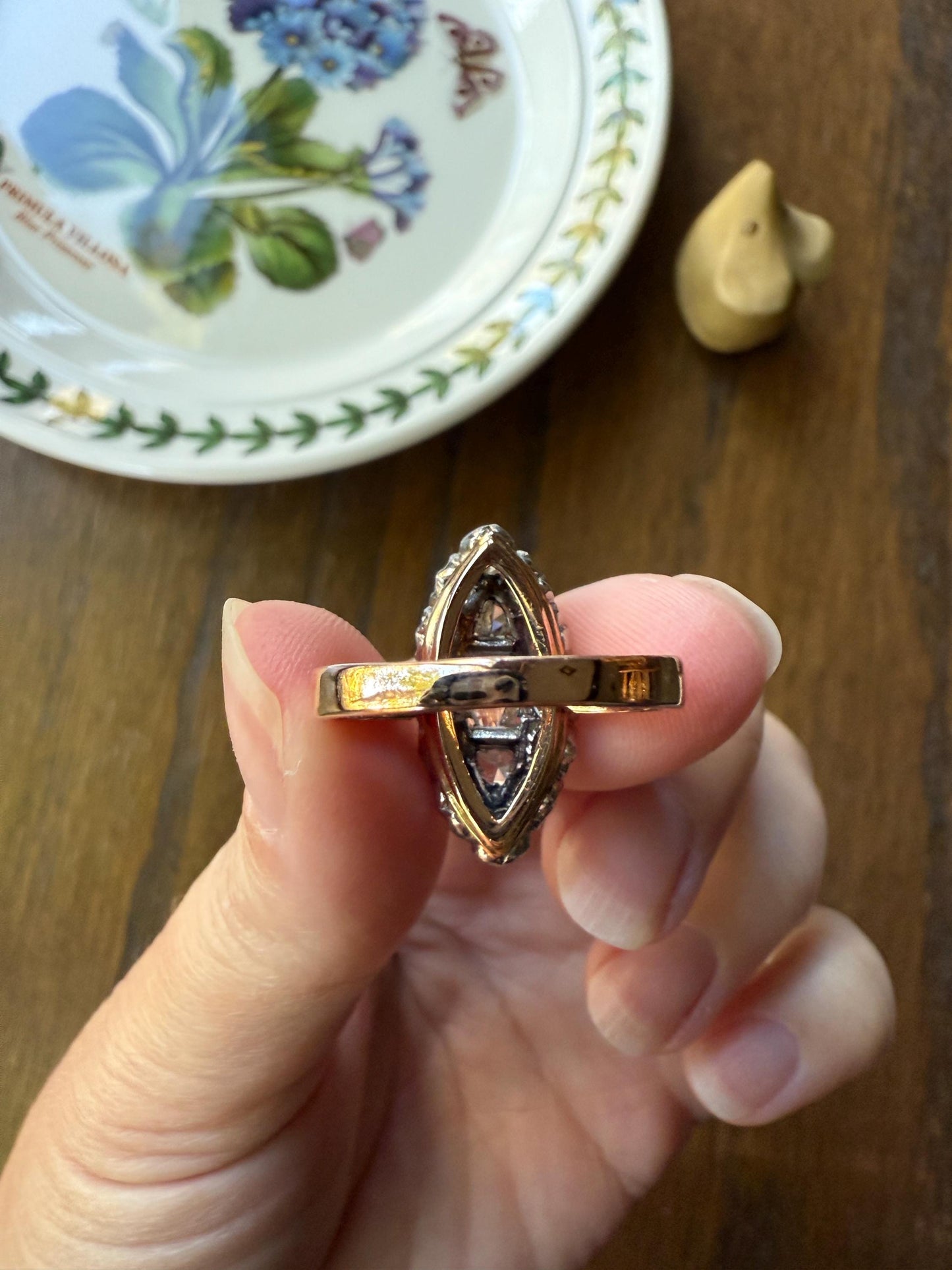XL Antique Unique Elongated Rose Cut Diamond Navette Cluster Open Back French Victorian Era 18k Rose Gold & Platinum 1 inch Chunky Sparkle