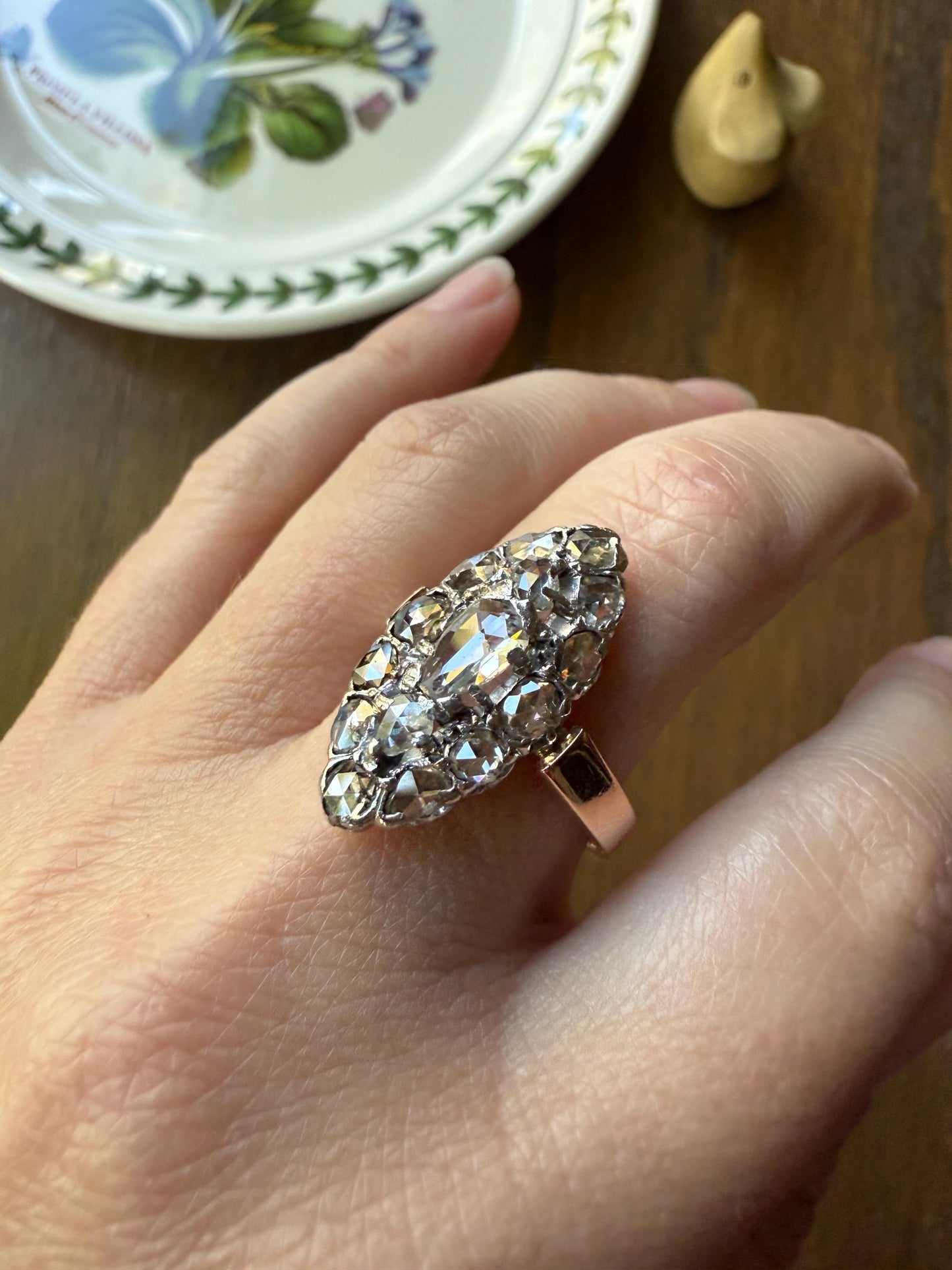 XL Antique Unique Elongated Rose Cut Diamond Navette Cluster Open Back French Victorian Era 18k Rose Gold & Platinum 1 inch Chunky Sparkle