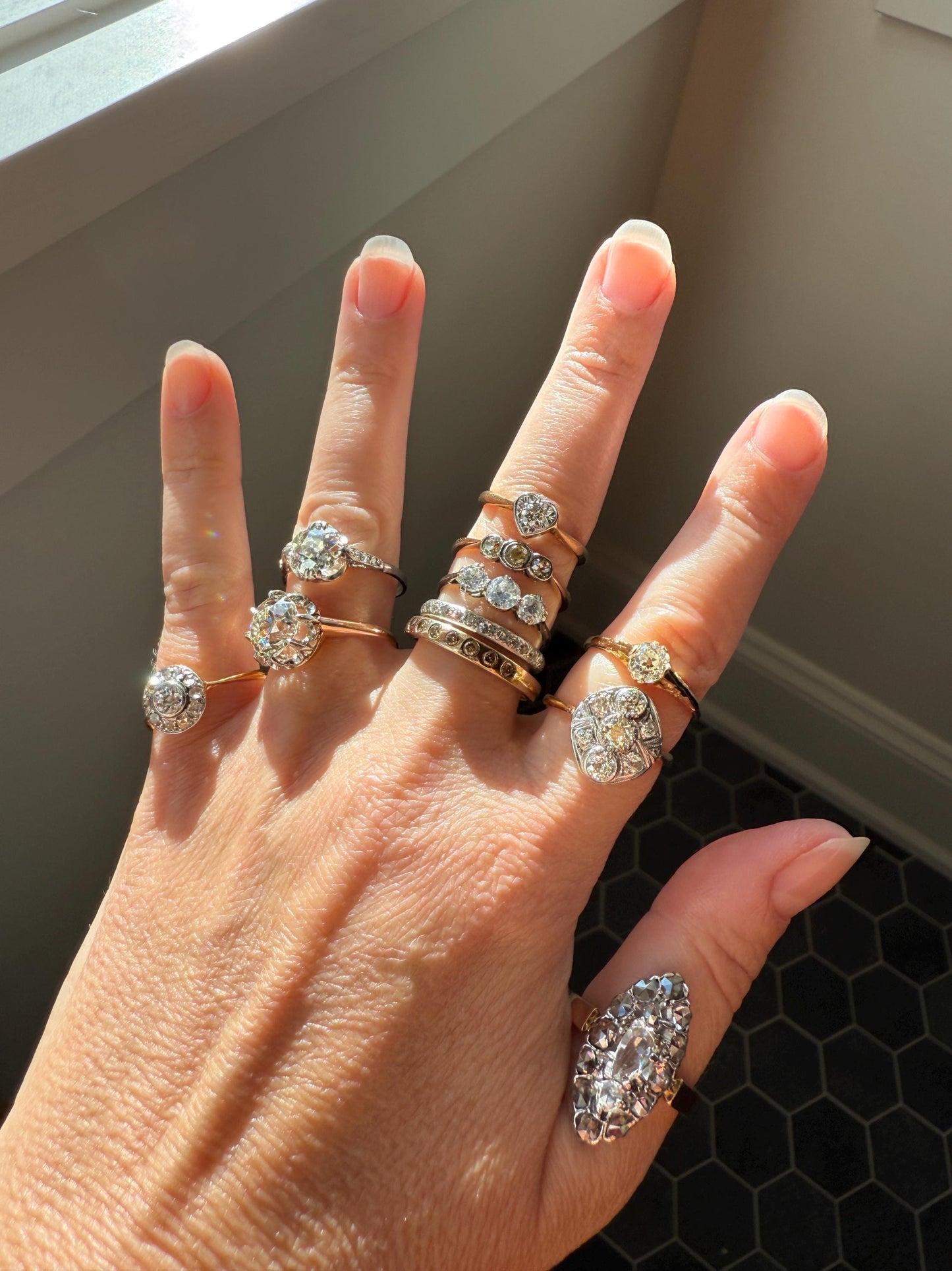 XL Antique Unique Elongated Rose Cut Diamond Navette Cluster Open Back French Victorian Era 18k Rose Gold & Platinum 1 inch Chunky Sparkle